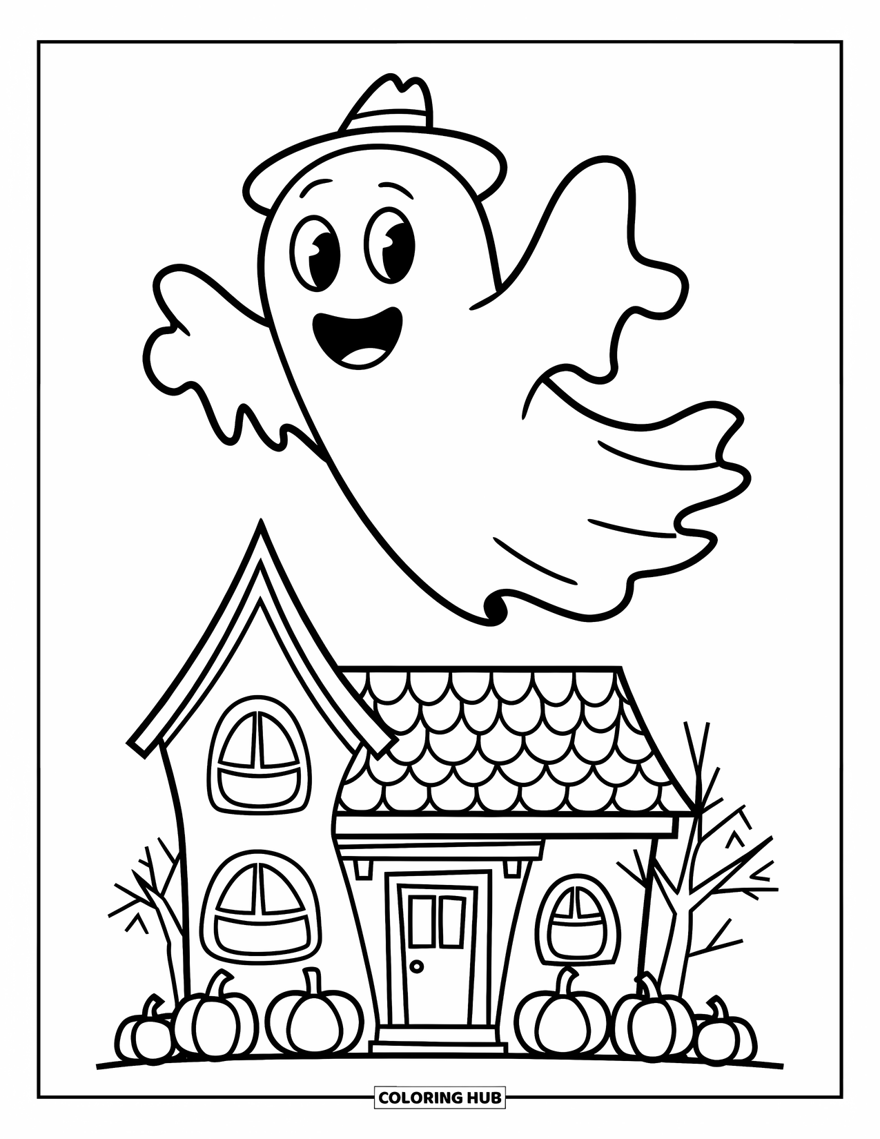 Ghost Coloring Page for Kids: A cheerful ghost in a hat flies above a haunted house with pumpkins