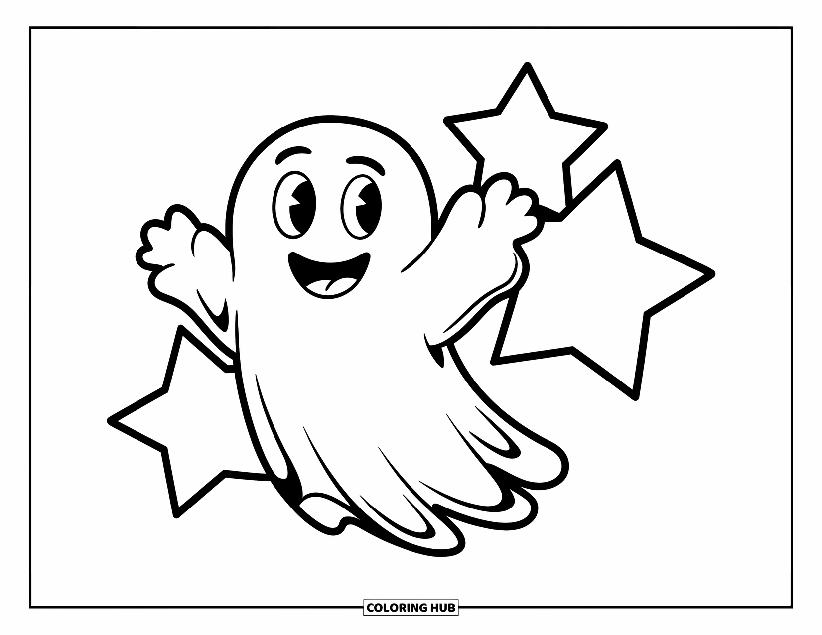 Ghost Coloring Page for Kids: A cheerful ghost waves beside three big stars with clean, bold lines