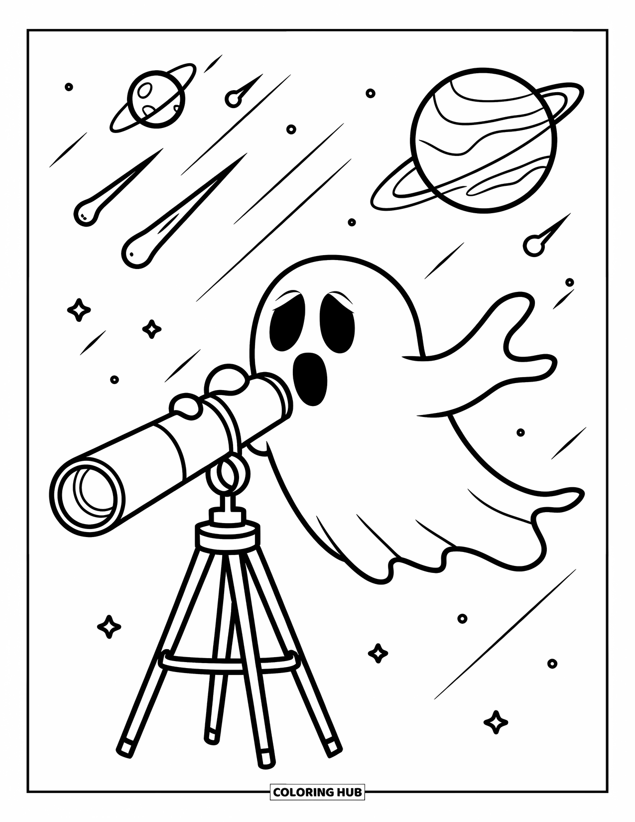 Ghost Coloring Page for Kids: A floating ghost looks through a telescope at planets and comets in the night sky