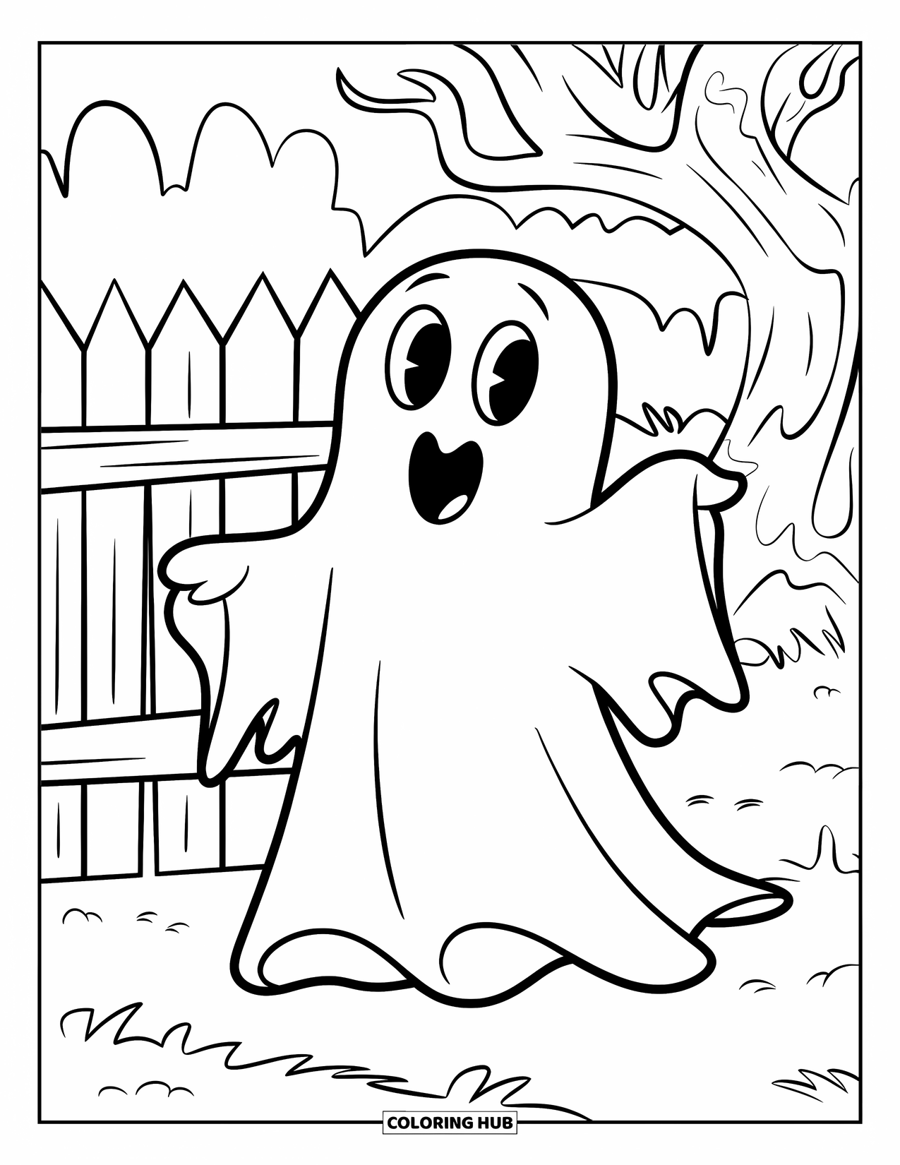 Ghost Coloring Page for Kids: A ghost carrying treats strolls by a fence and tree in a quiet graveyard