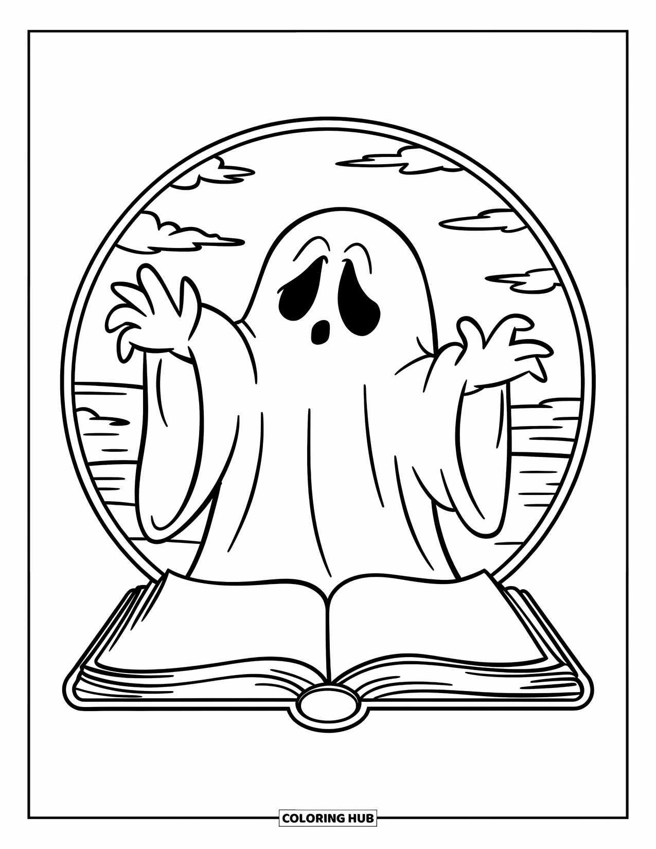 Ghost Coloring Page for Kids: A ghost casts a spell from an old book inside a glowing circle