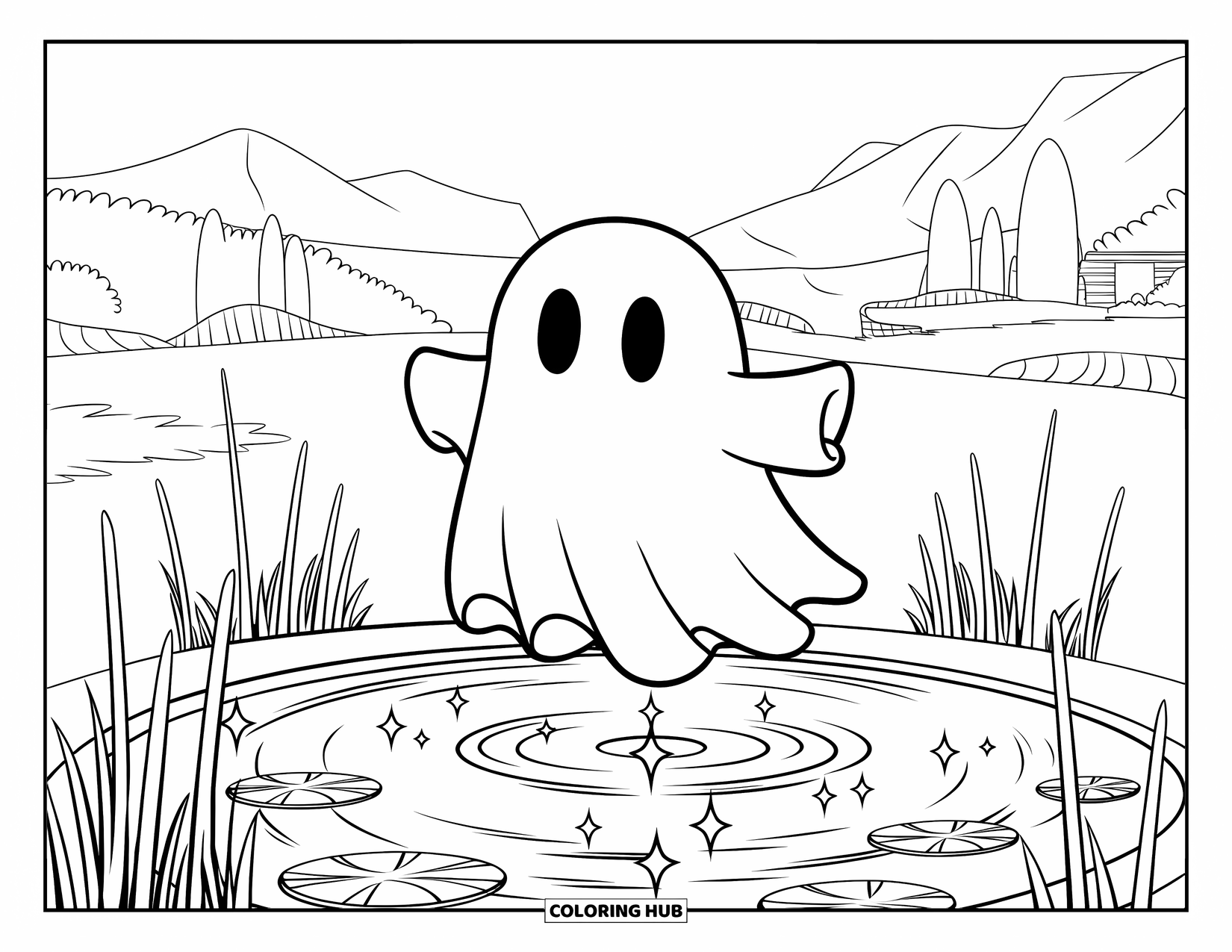 Ghost Coloring Page for Kids: A ghost floats above a pond with lily pads, surrounded by trees and distant mountains