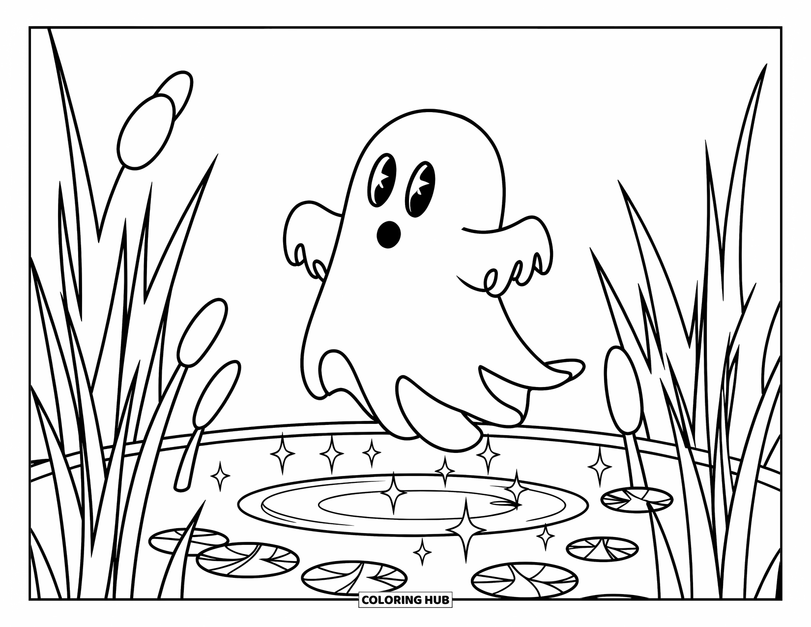 Ghost Coloring Page for Kids: A ghost floats above a quiet pond with lily pads and tall reeds