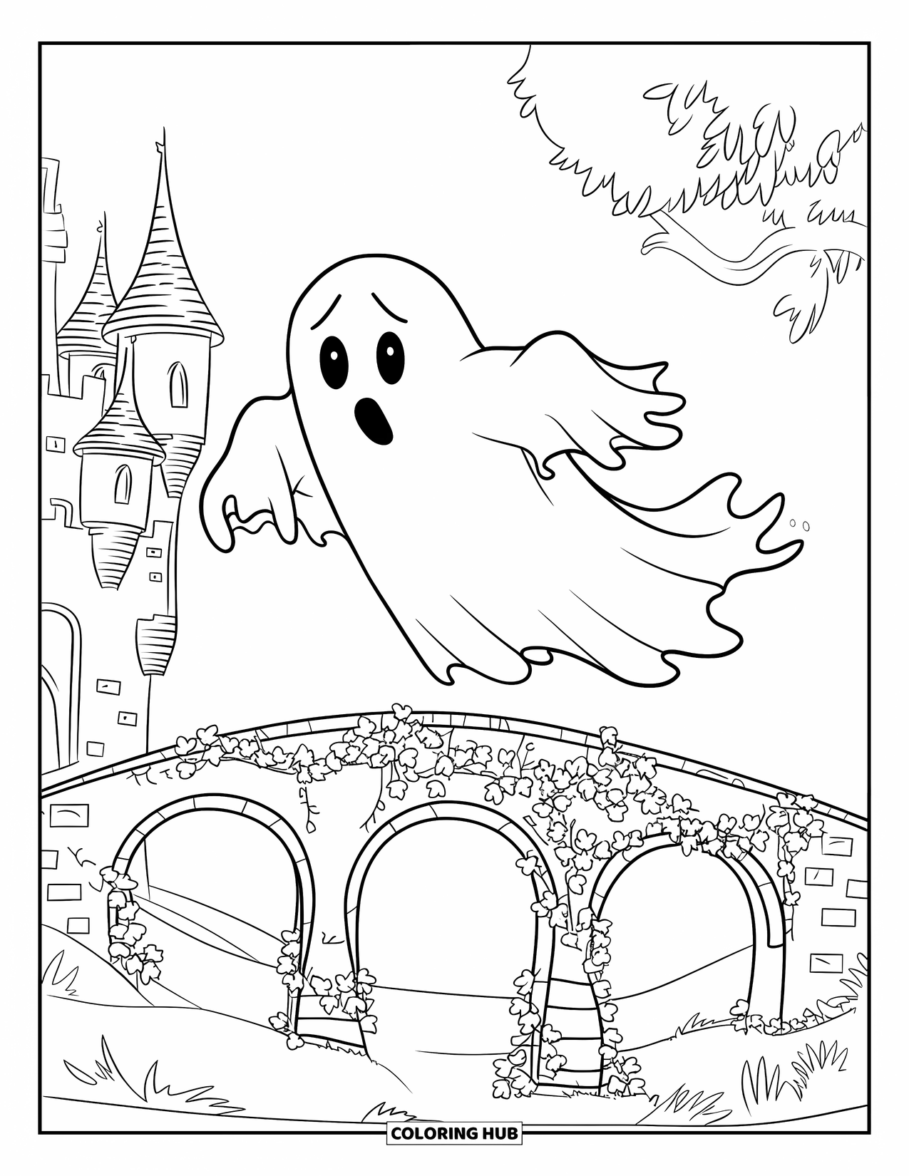Ghost Coloring Page for Kids: A ghost floats above an ivy-covered bridge with a castle in the background