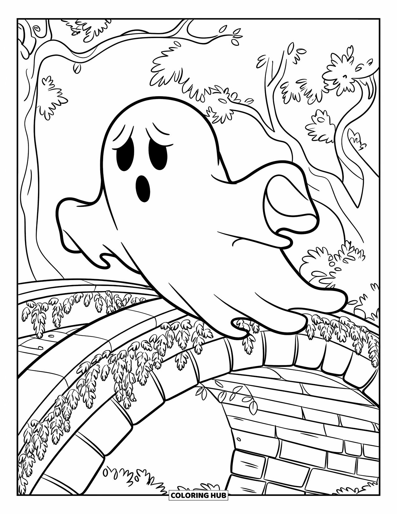 Ghost Coloring Page for Kids: A ghost glides over an ivy-covered stone bridge beneath leafy trees