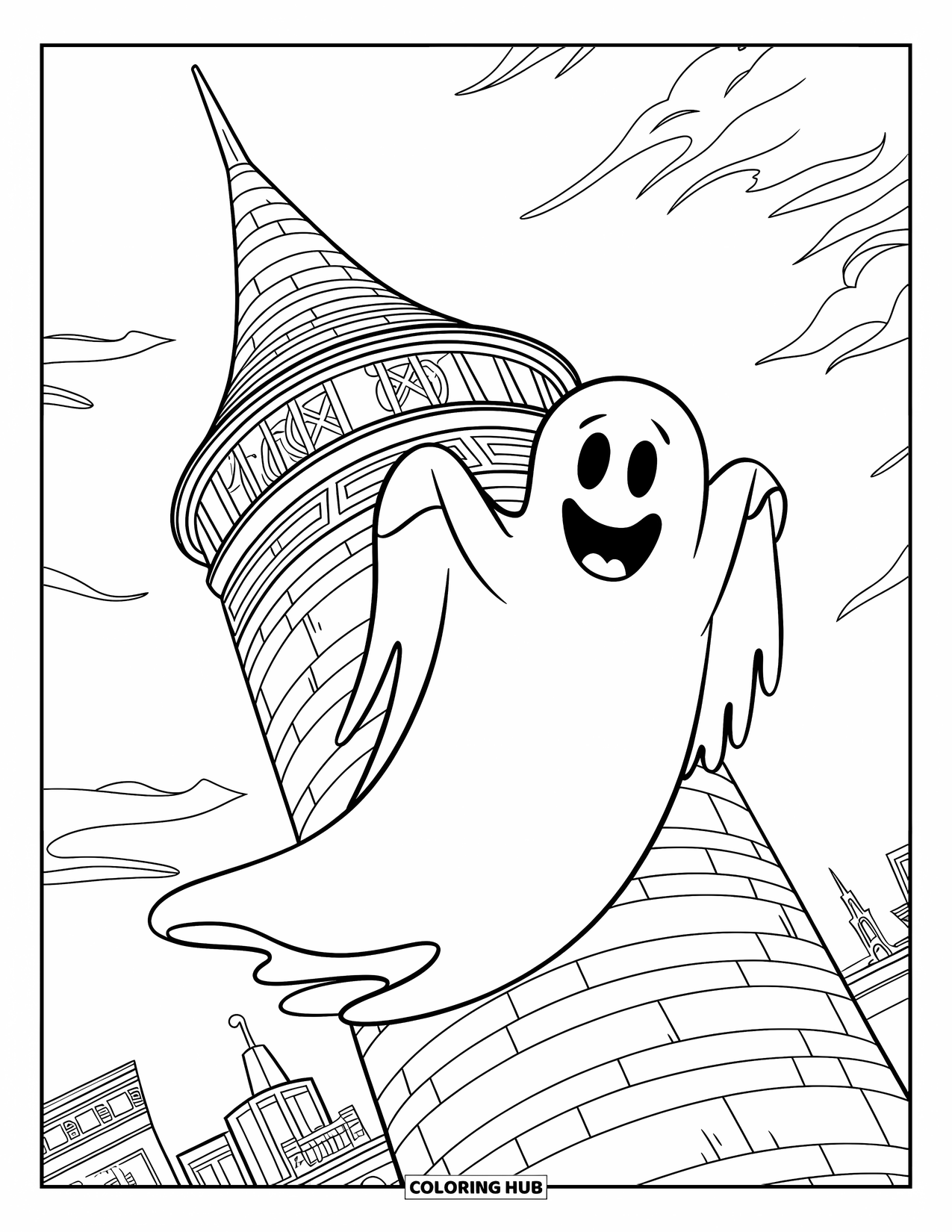 Ghost Coloring Page for Kids: A ghost hangs from a tilted tower surrounded by clouds and city rooftops