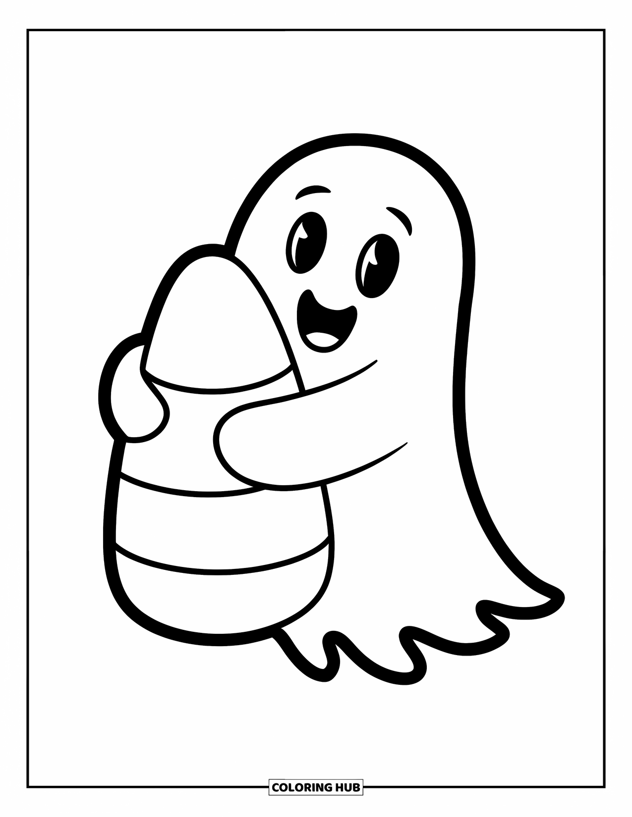 Ghost Coloring Page for Kids: A ghost hugs a giant candy corn with no background around