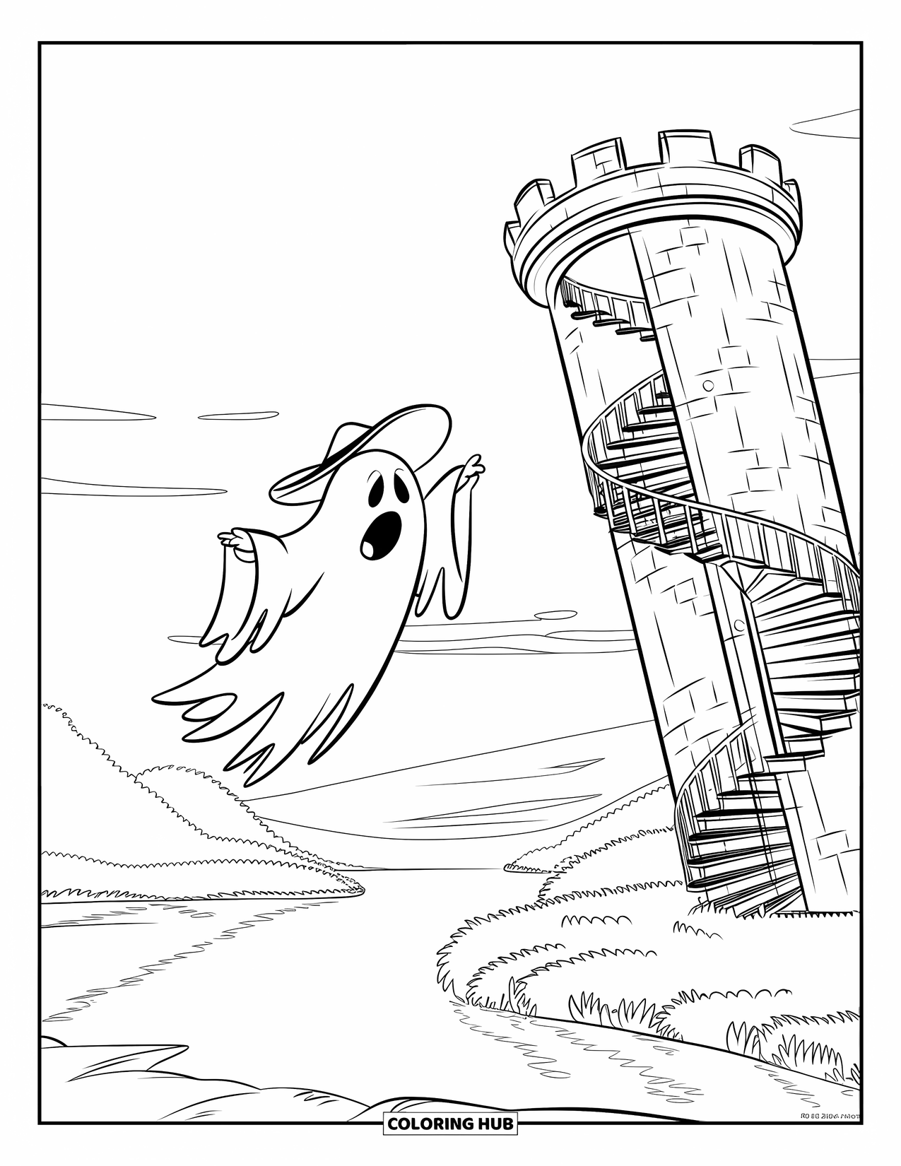 Ghost Coloring Page for Kids: A ghost in a hat hangs from a leaning tower near water and trees