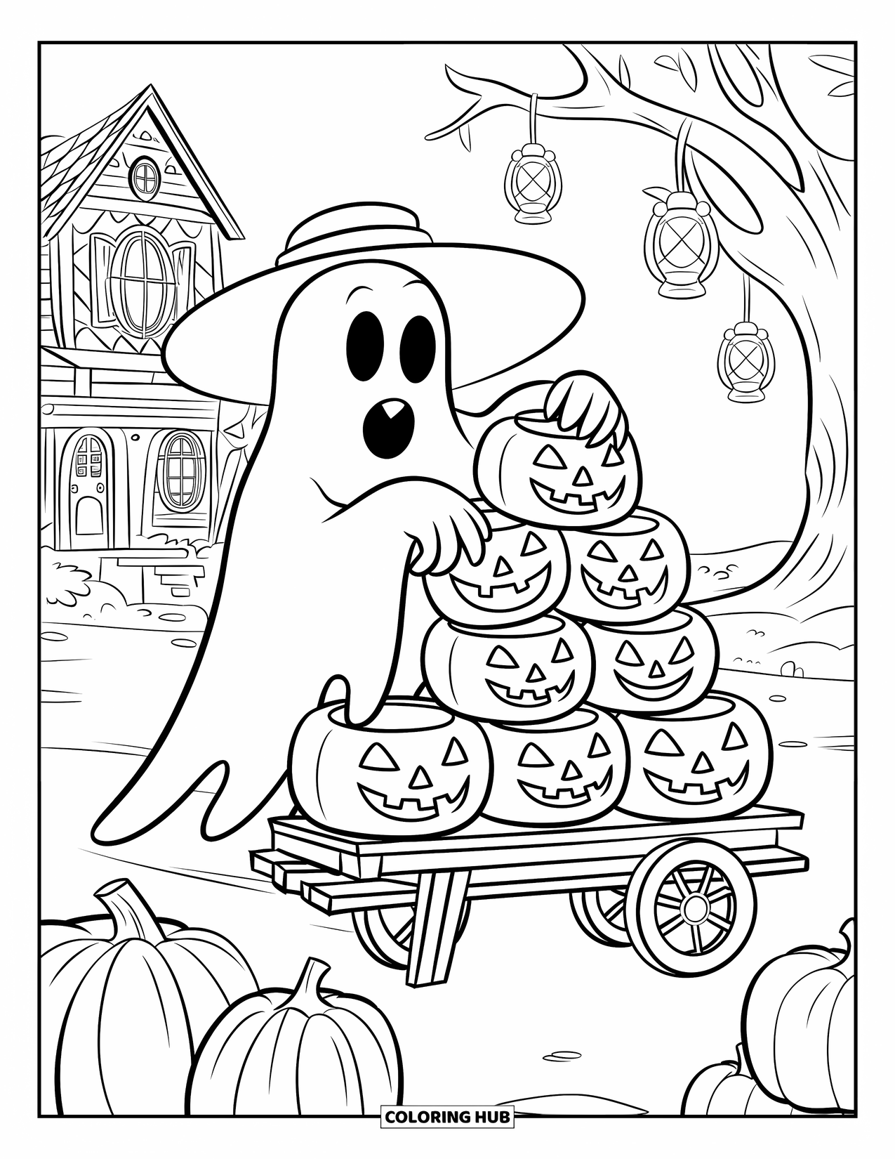 Ghost Coloring Page for Kids: A ghost in a hat stacks jack-o'-lanterns on a cart near a haunted house