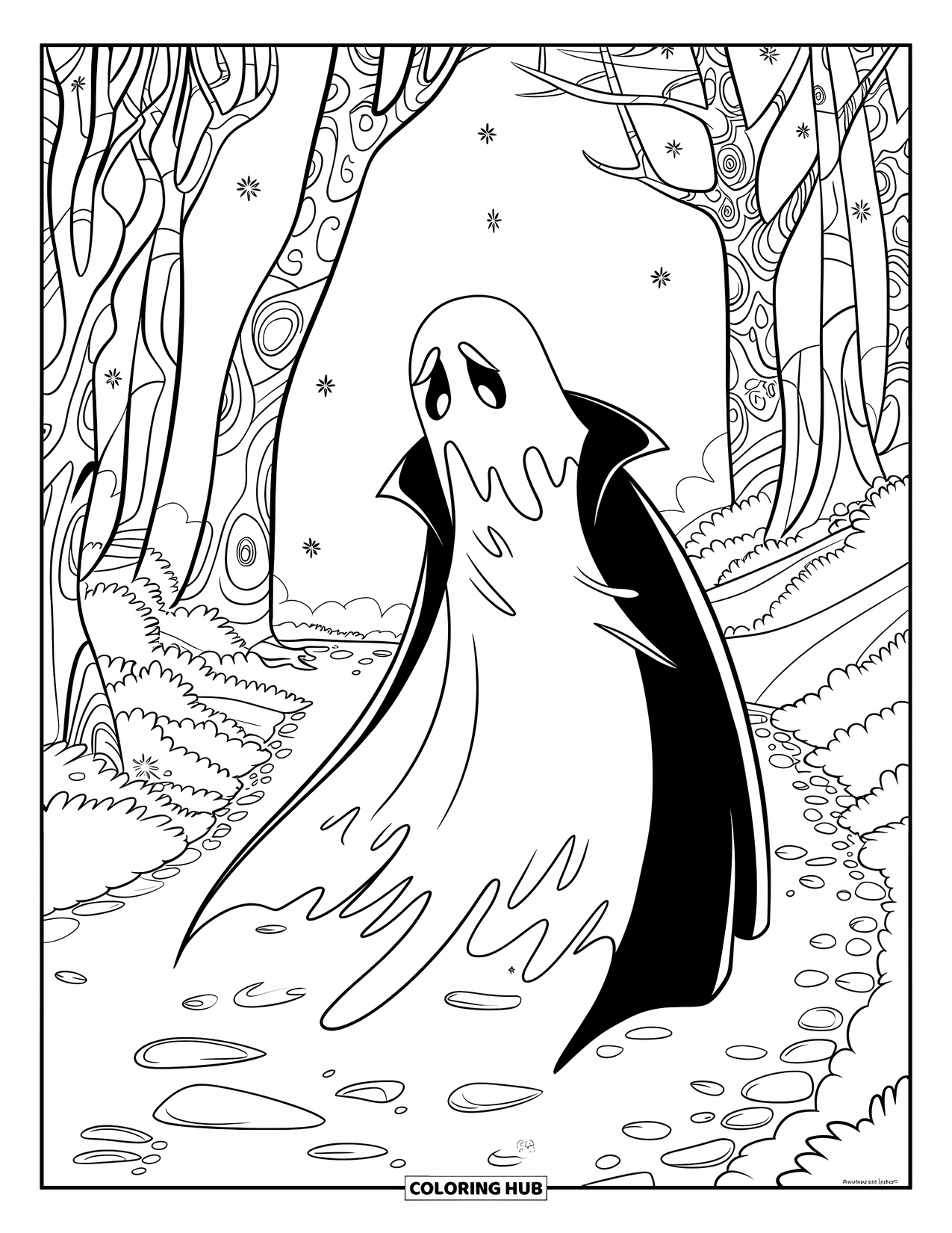 Ghost Coloring Page for Kids: A ghost in a long coat glides down a stone path under tall, star-lit trees
