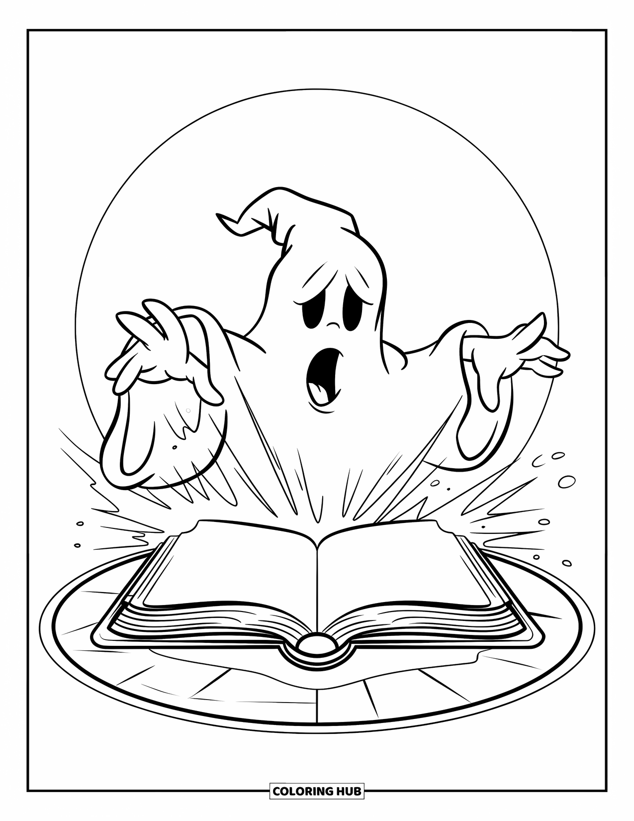 Ghost Coloring Page for Kids: A ghost in a pointy hat casts magic from a book inside a drawn circle