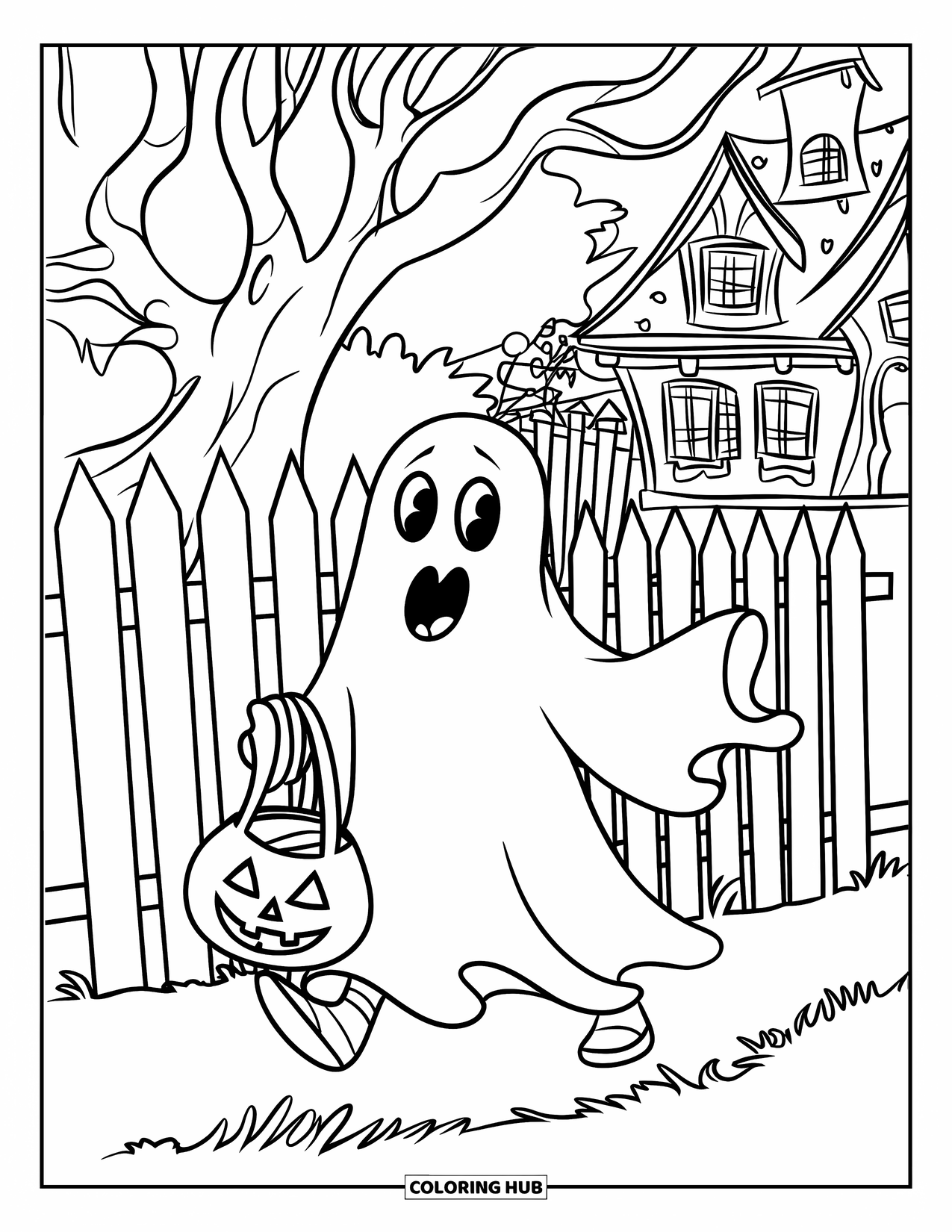 Ghost Coloring Page for Kids: A ghost in a pointy hat walks by a crooked fence near a haunted house