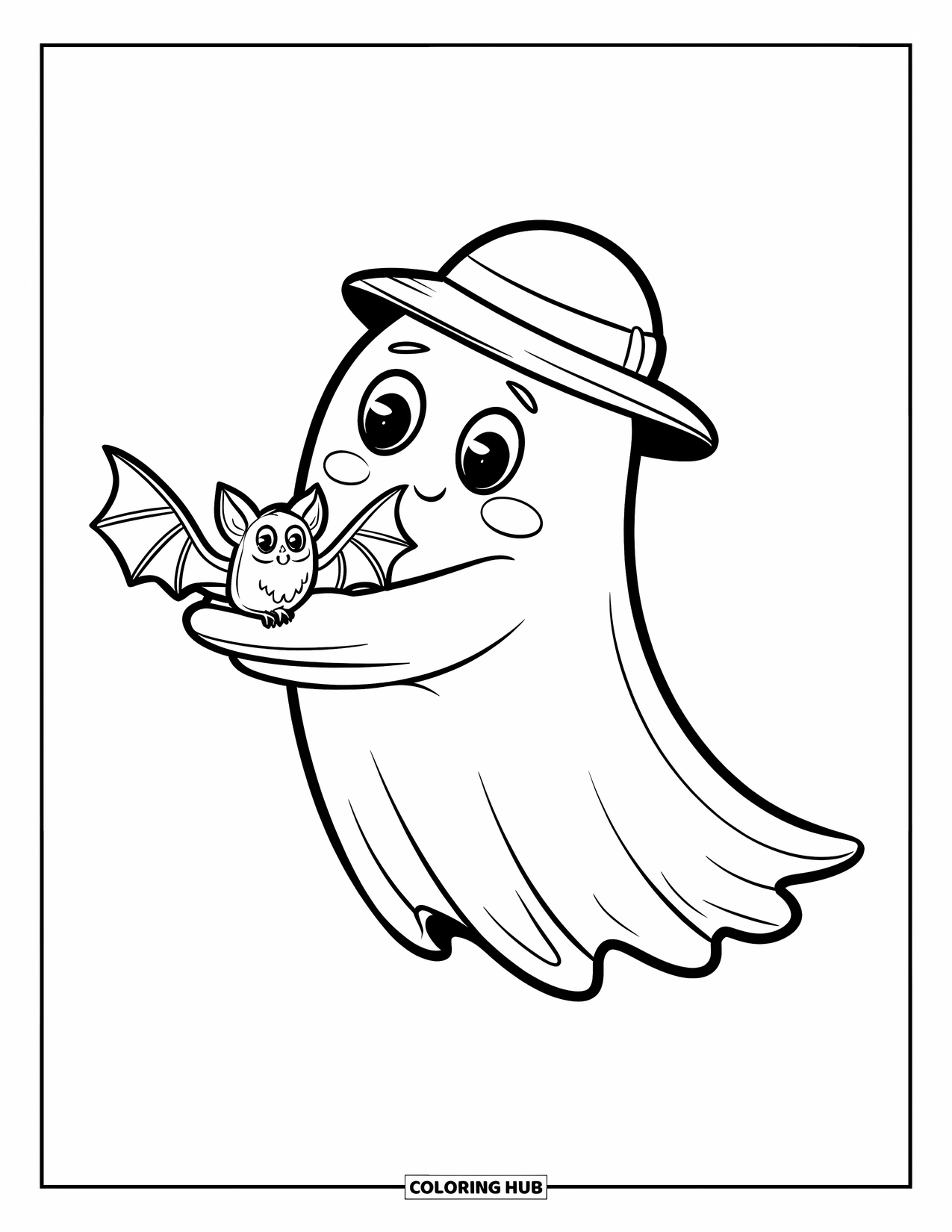 Ghost Coloring Page for Kids: A ghost in a round hat holds a small bat perched on its hand