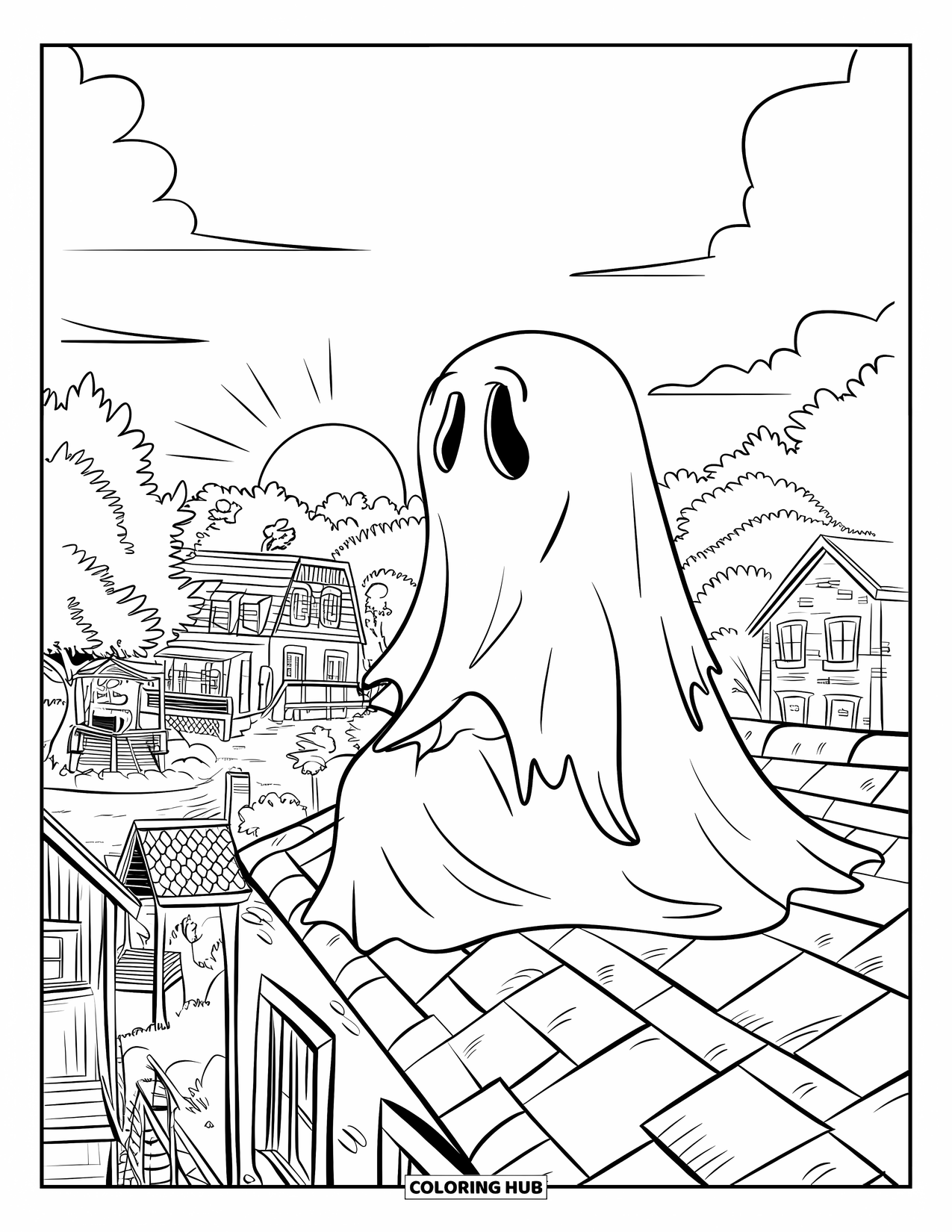 Ghost Coloring Page for Kids: A ghost in a sheet dress watches the sunset from a rooftop above the town