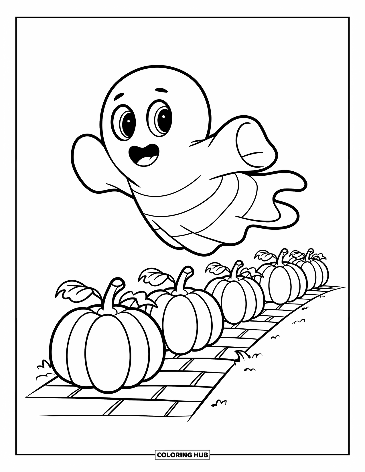 Ghost Coloring Page for Kids: A ghost in a striped sweater flies above pumpkins on a brick path