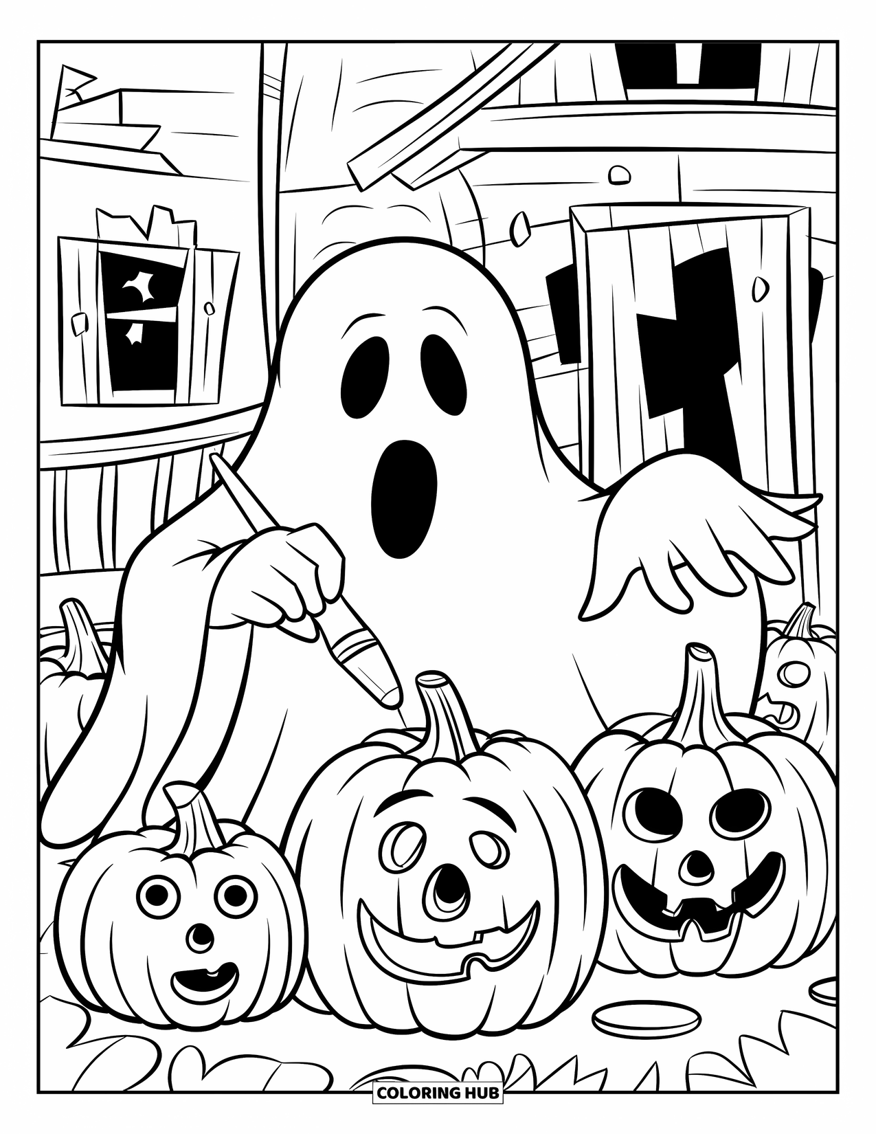 Ghost Coloring Page for Kids: A ghost in a tattered hat paints pumpkins beside a haunted house