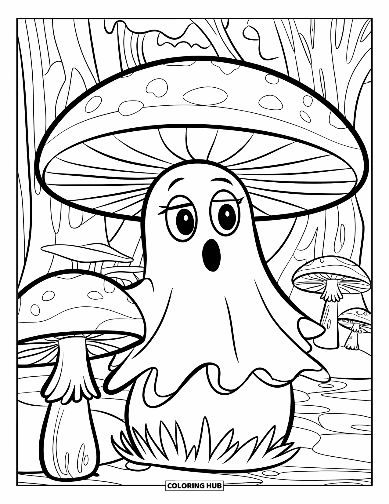 Ghost Coloring Page for Kids: A ghost in a tattered outfit peeks out from a mushroom in a quiet forest