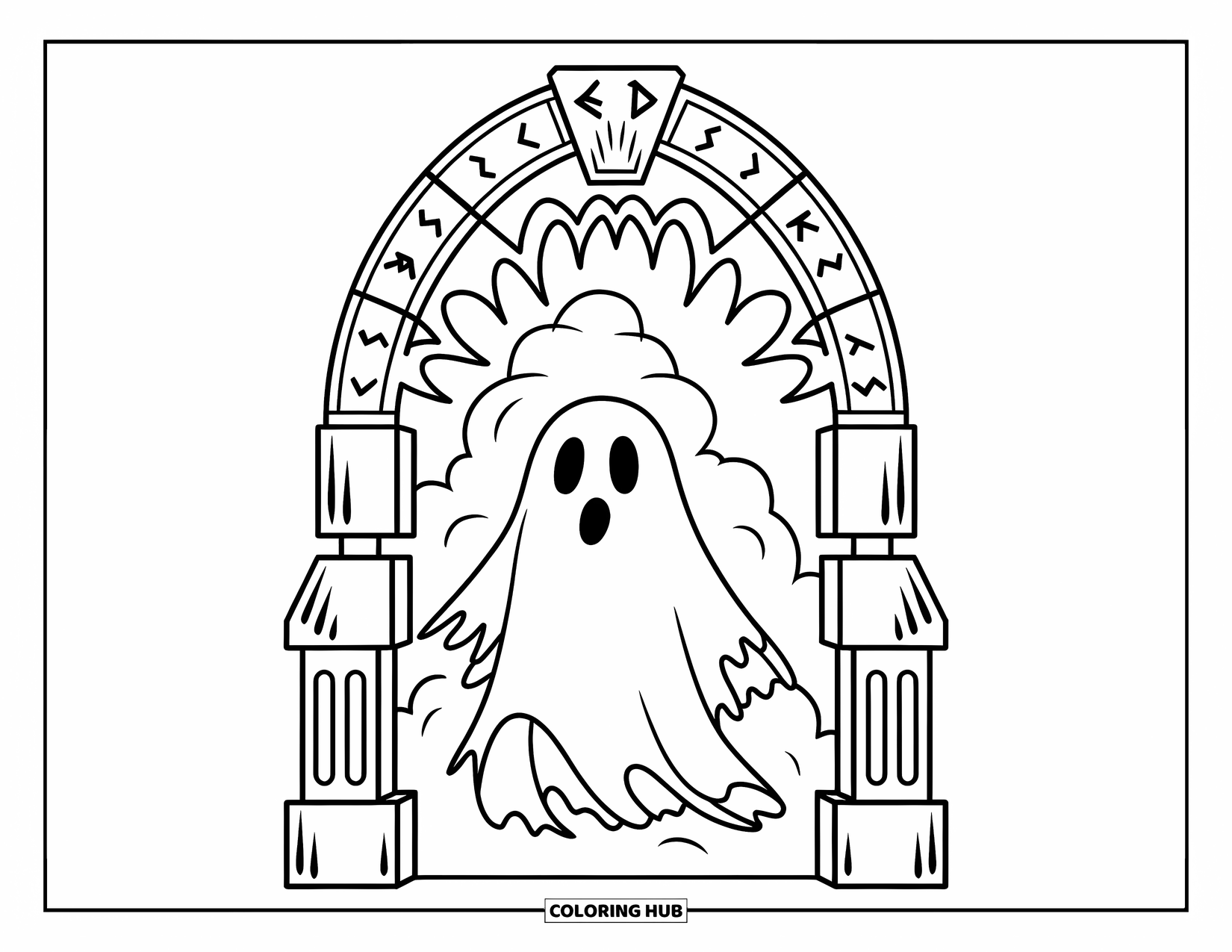 Ghost Coloring Page for Kids: A ghost in a tattered robe enters a stone archway carved with mysterious runes