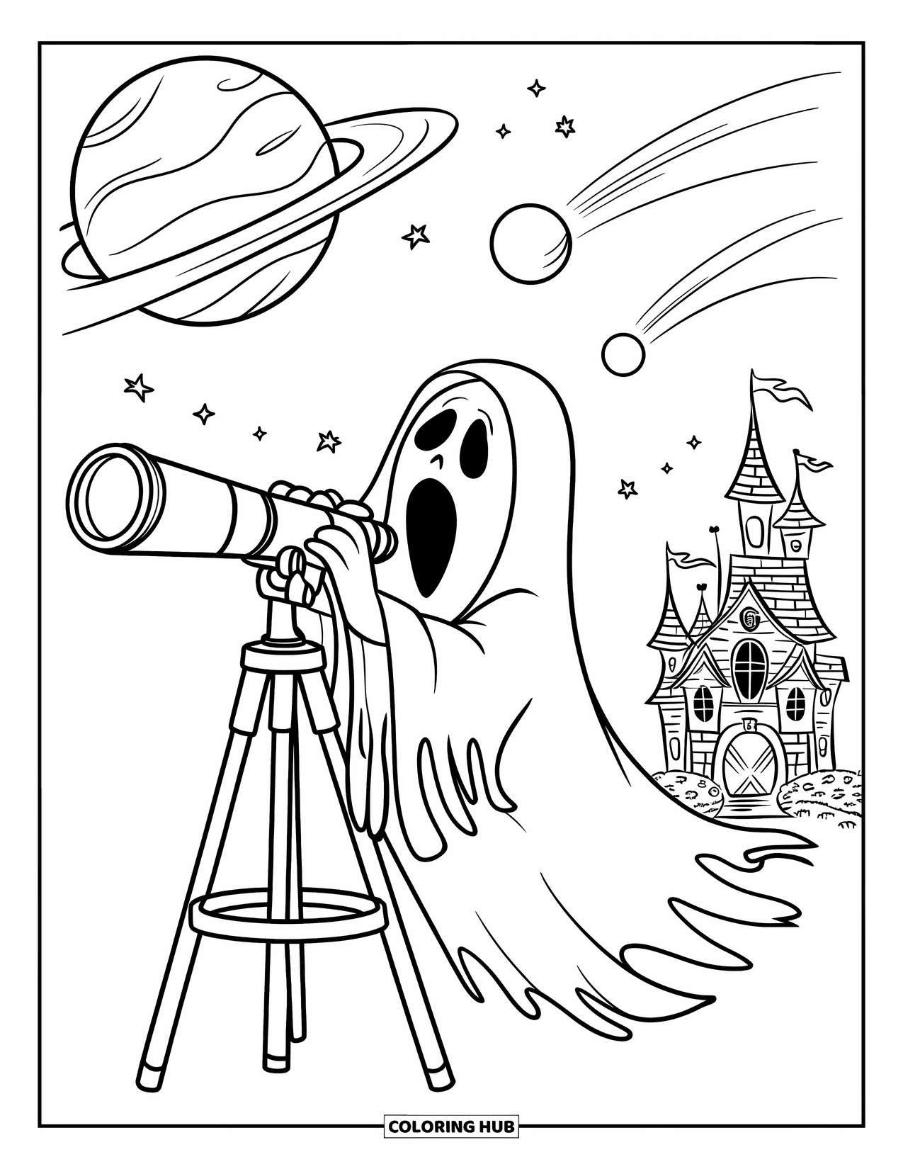 Ghost Coloring Page for Kids: A ghost in a tattered robe uses a telescope with a haunted castle in the background