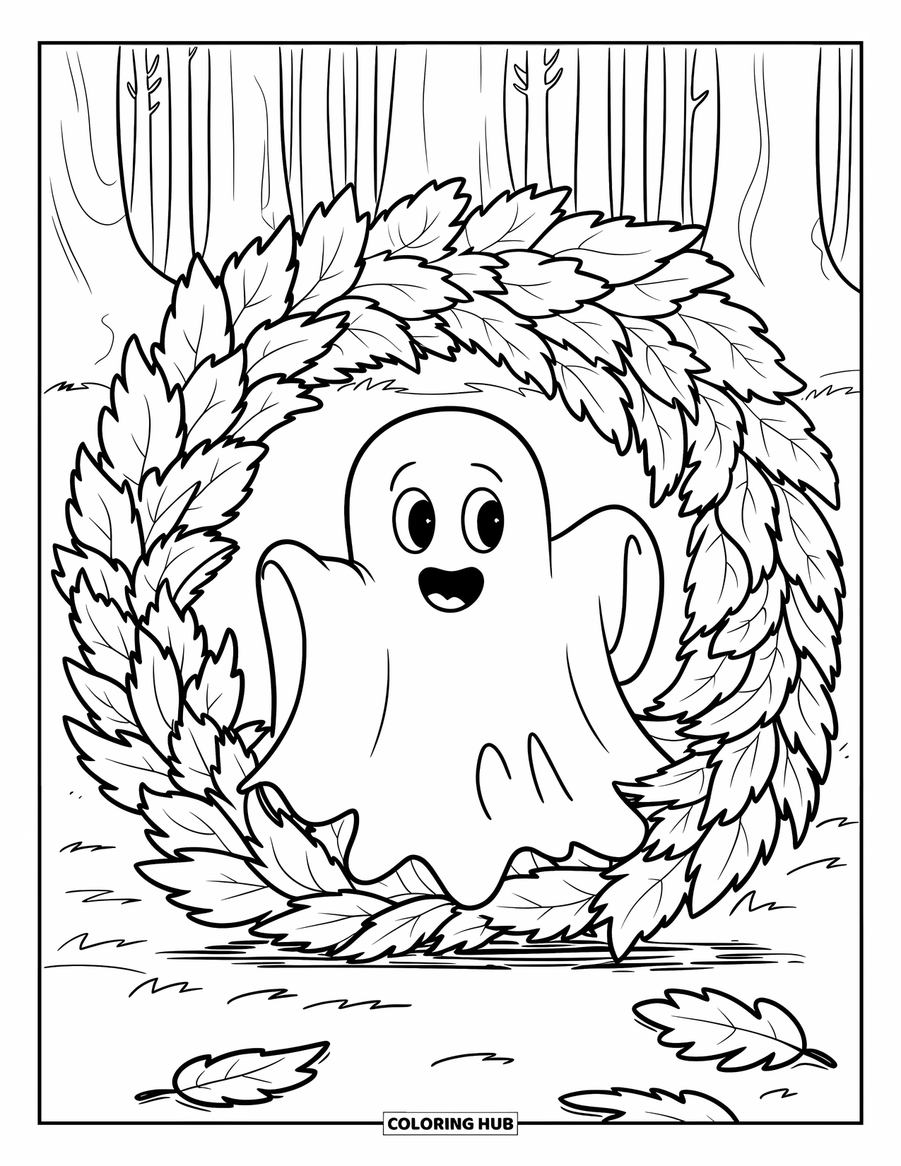Ghost Coloring Page for Kids: A ghost in a tattered shirt peeks through leaves in a quiet forest