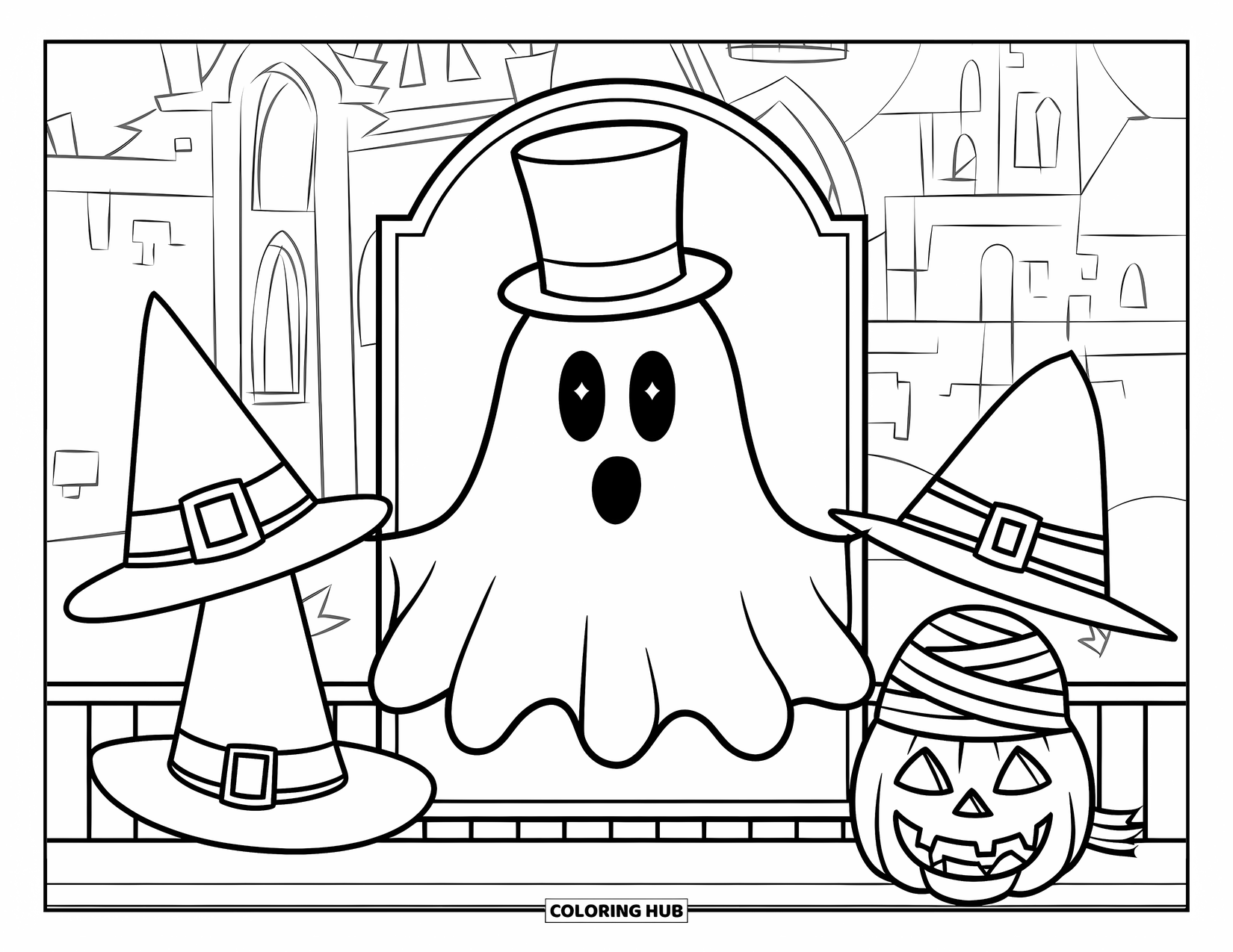 Ghost Coloring Page for Kids: A ghost in a top hat picks from Halloween hats inside a gothic castle