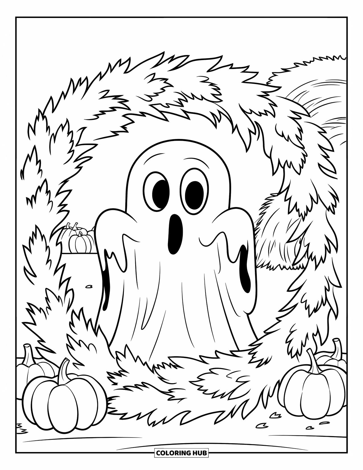 Ghost Coloring Page for Kids: A ghost in a torn shirt peeks through leaves near pumpkins and a haystack