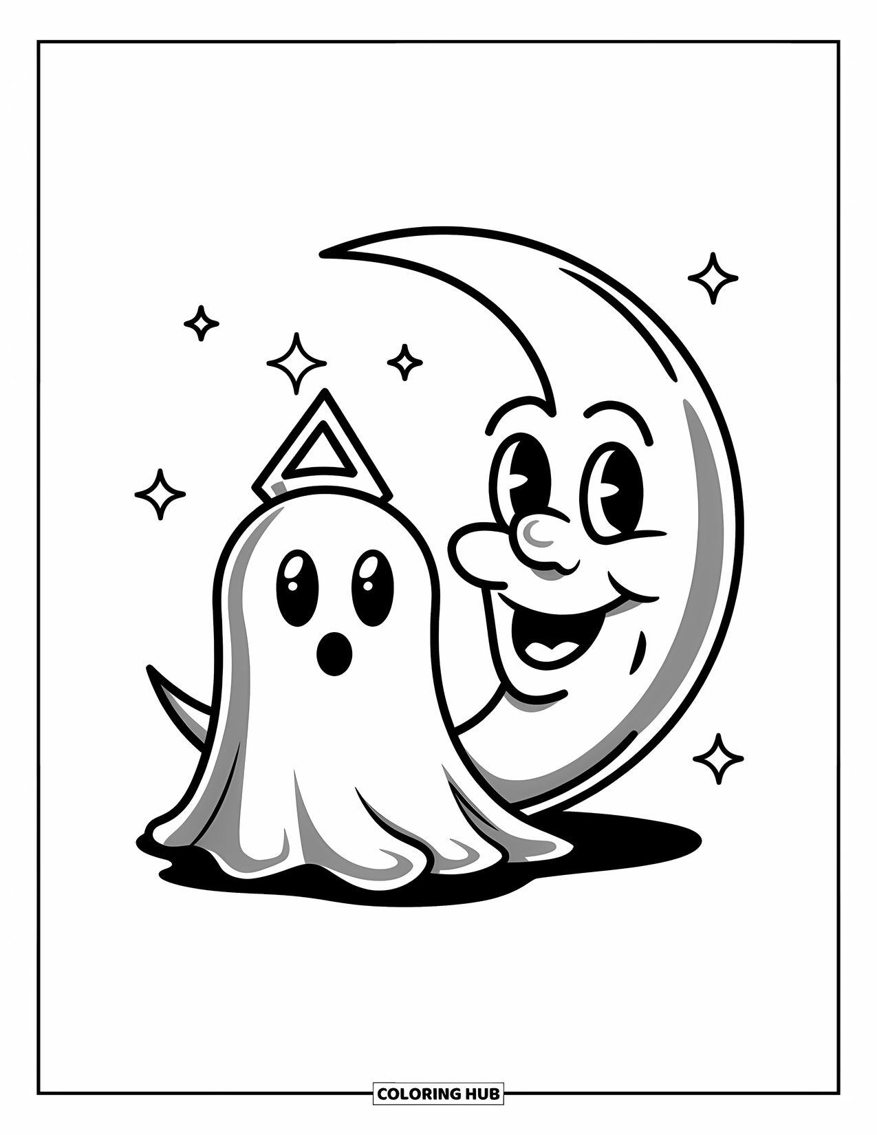 Ghost Coloring Page for Kids: A ghost in a triangle hat sits by a smiling moon with stars around them