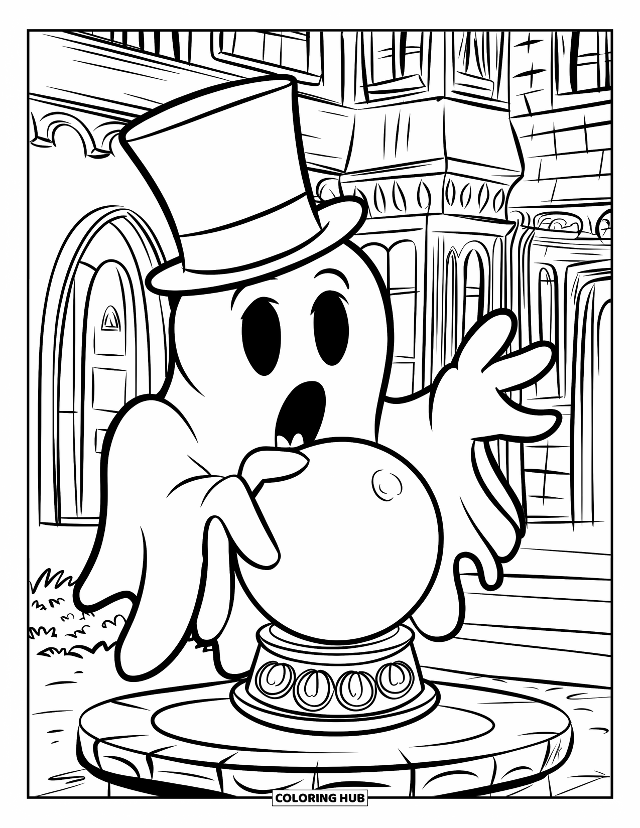 Ghost Coloring Page for Kids: A ghost in a tuxedo holds a crystal ball beside a haunted mansion with arched windows