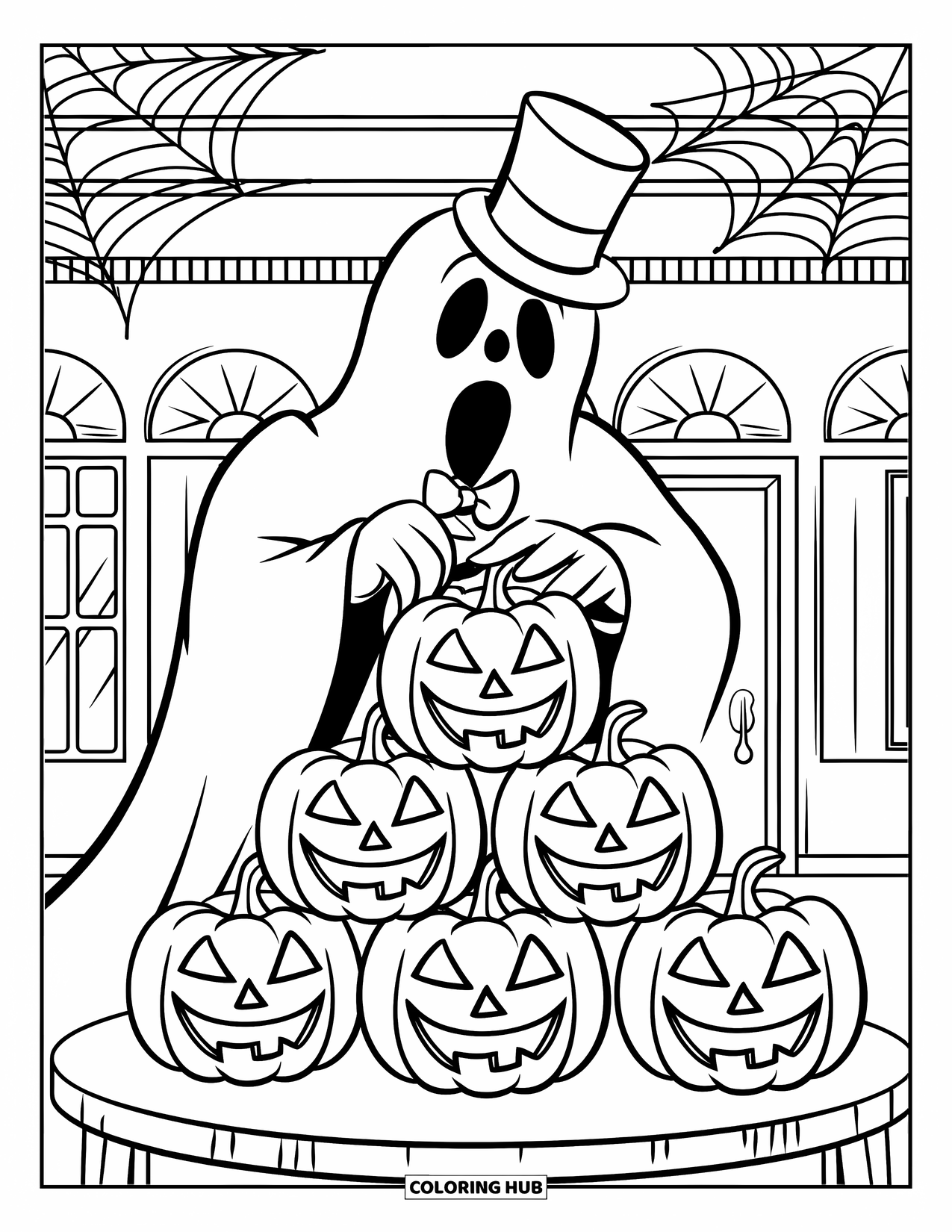 Ghost Coloring Page for Kids: A ghost in a tuxedo stacks jack-o'-lanterns beside a haunted mansion