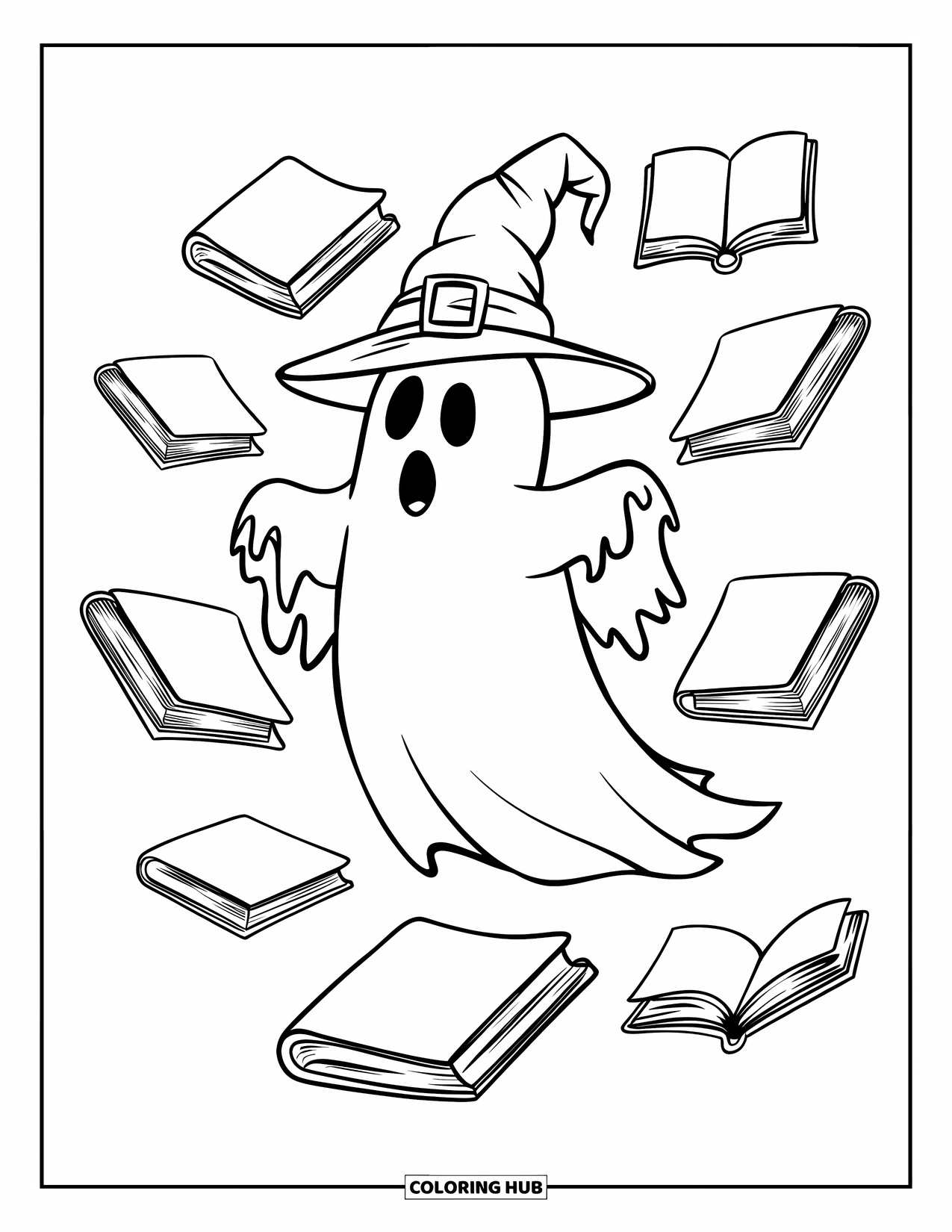 Ghost Coloring Page for Kids: A ghost in a wizard hat floats among books in the air