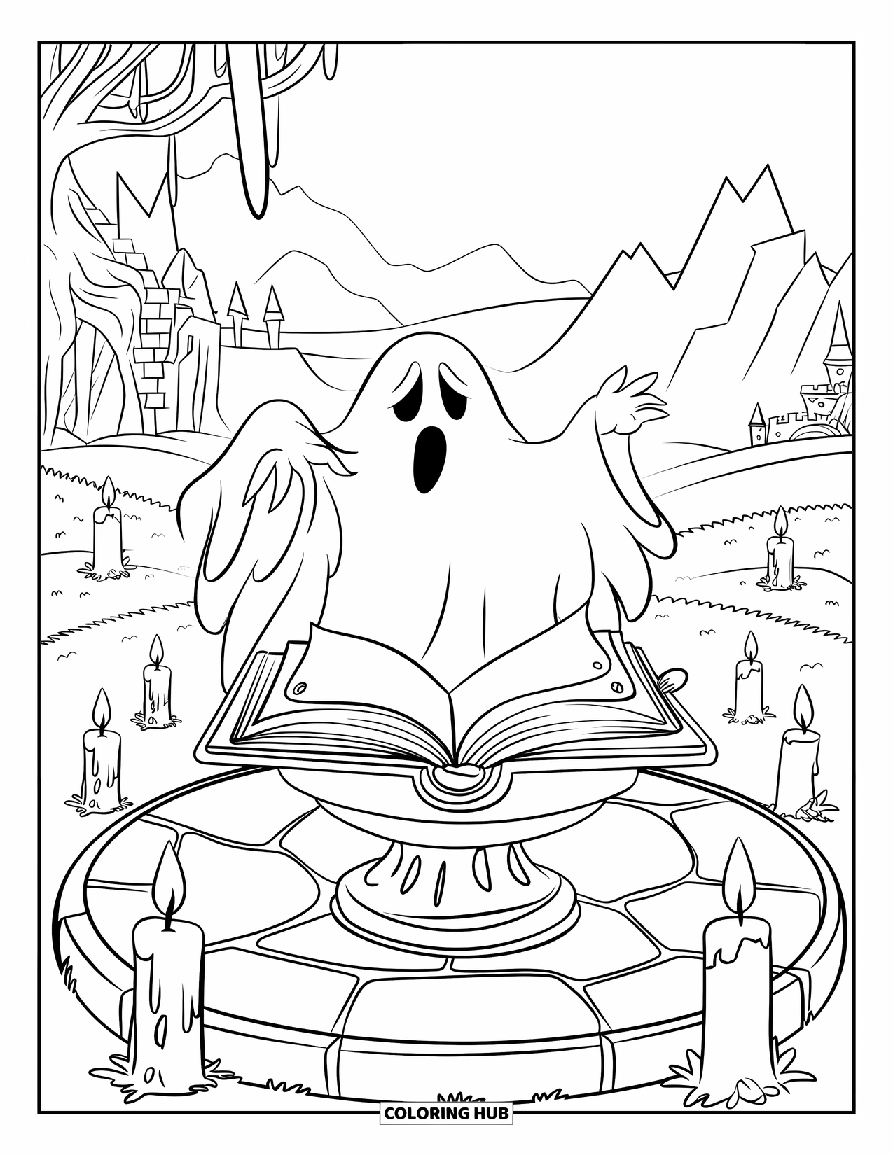 Ghost Coloring Page for Kids: A ghost in robes casts a spell near mountains and a castle in the distance