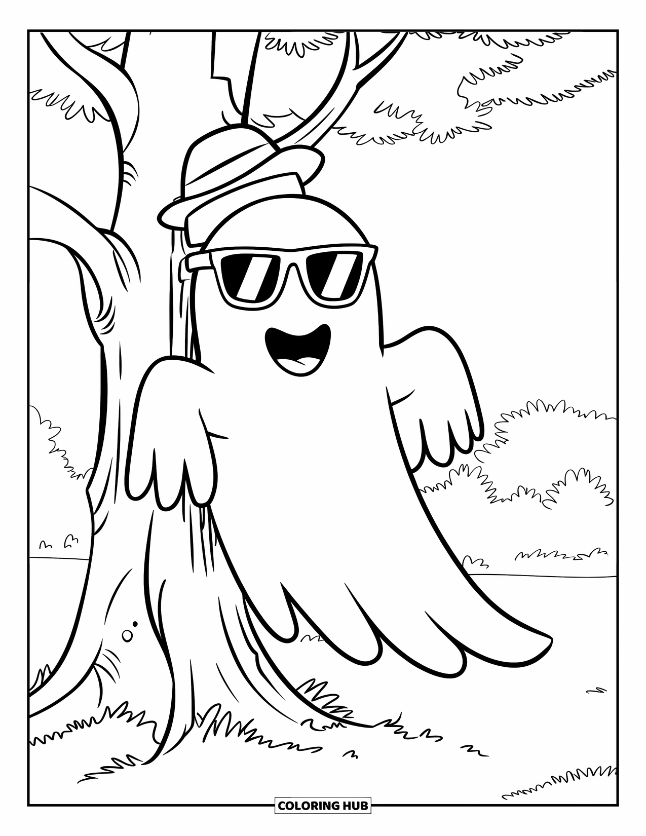 Ghost Coloring Page for Kids: A ghost in sunglasses leans against a tree in a grassy, open space