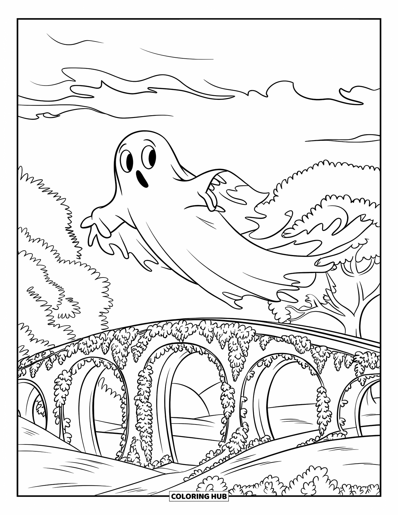 Ghost Coloring Page for Kids: A ghost in tattered clothes glides over an arched bridge beneath cloudy skies