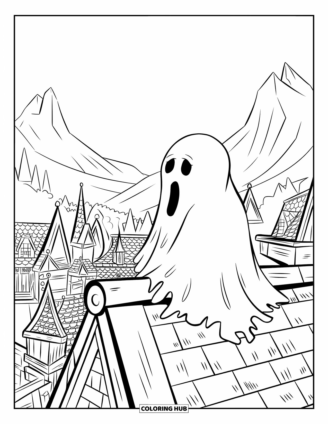 Ghost Coloring Page for Kids: A ghost in tatters rests on a rooftop, gazing at misty rooftops and mountains