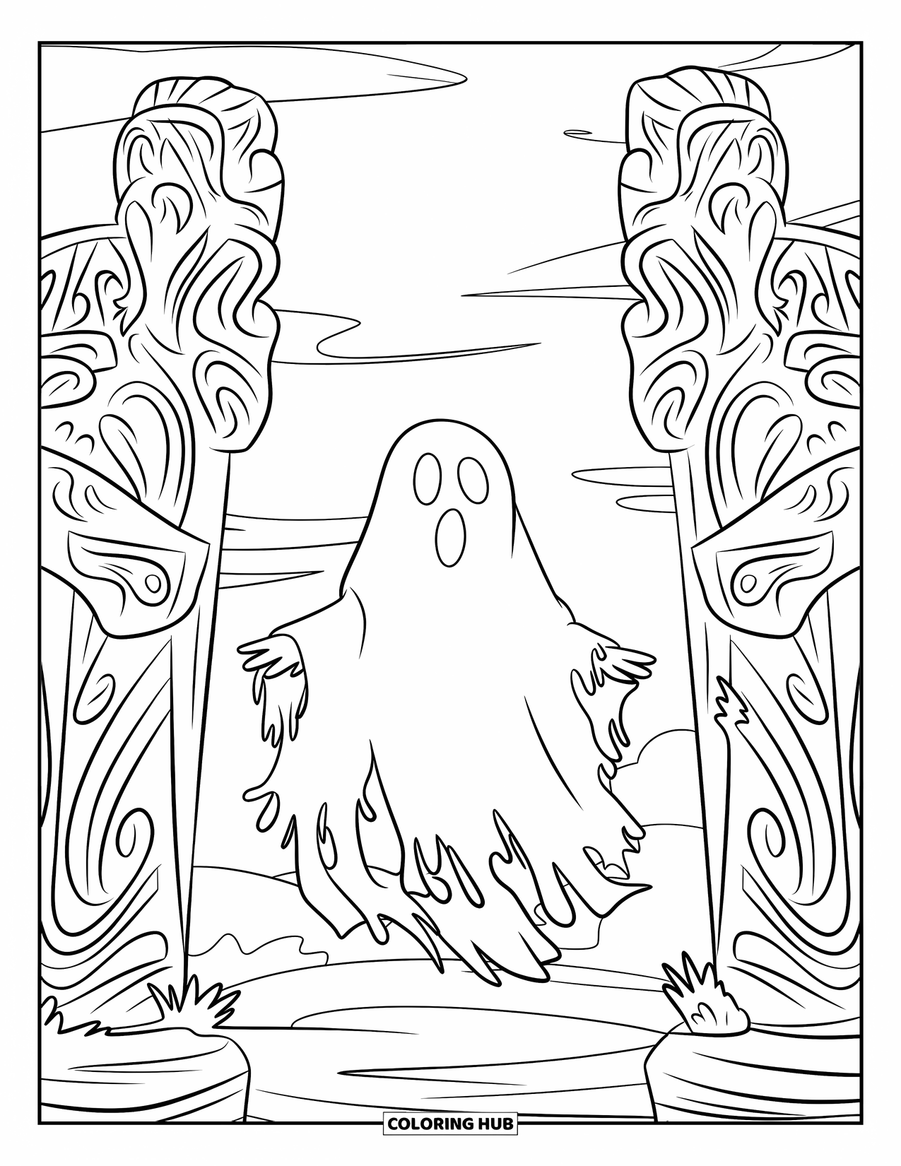 Ghost Coloring Page for Kids: A ghost in tatters stands between statues under a cloudy sky