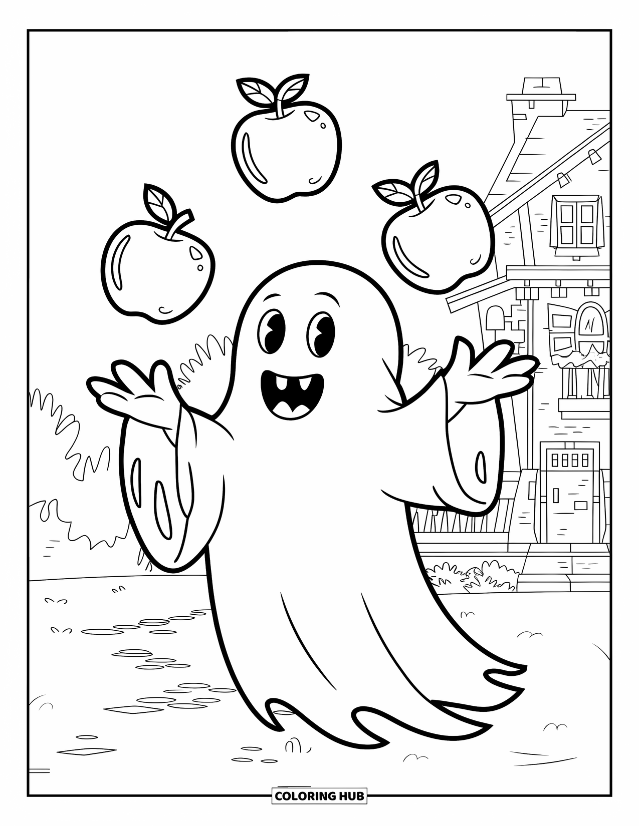 Ghost Coloring Page for Kids: A ghost juggles candy apples in front of a haunted house with trees