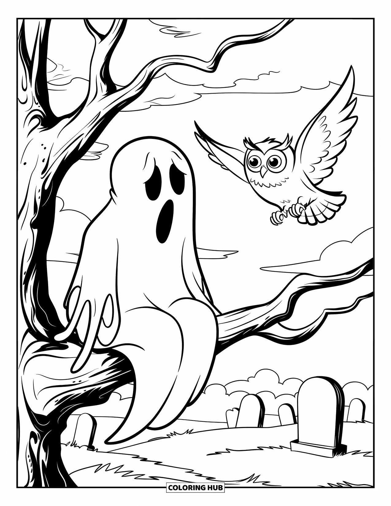 Ghost Coloring Page for Kids: A ghost on a tree branch watches an owl fly over tombstones in a graveyard
