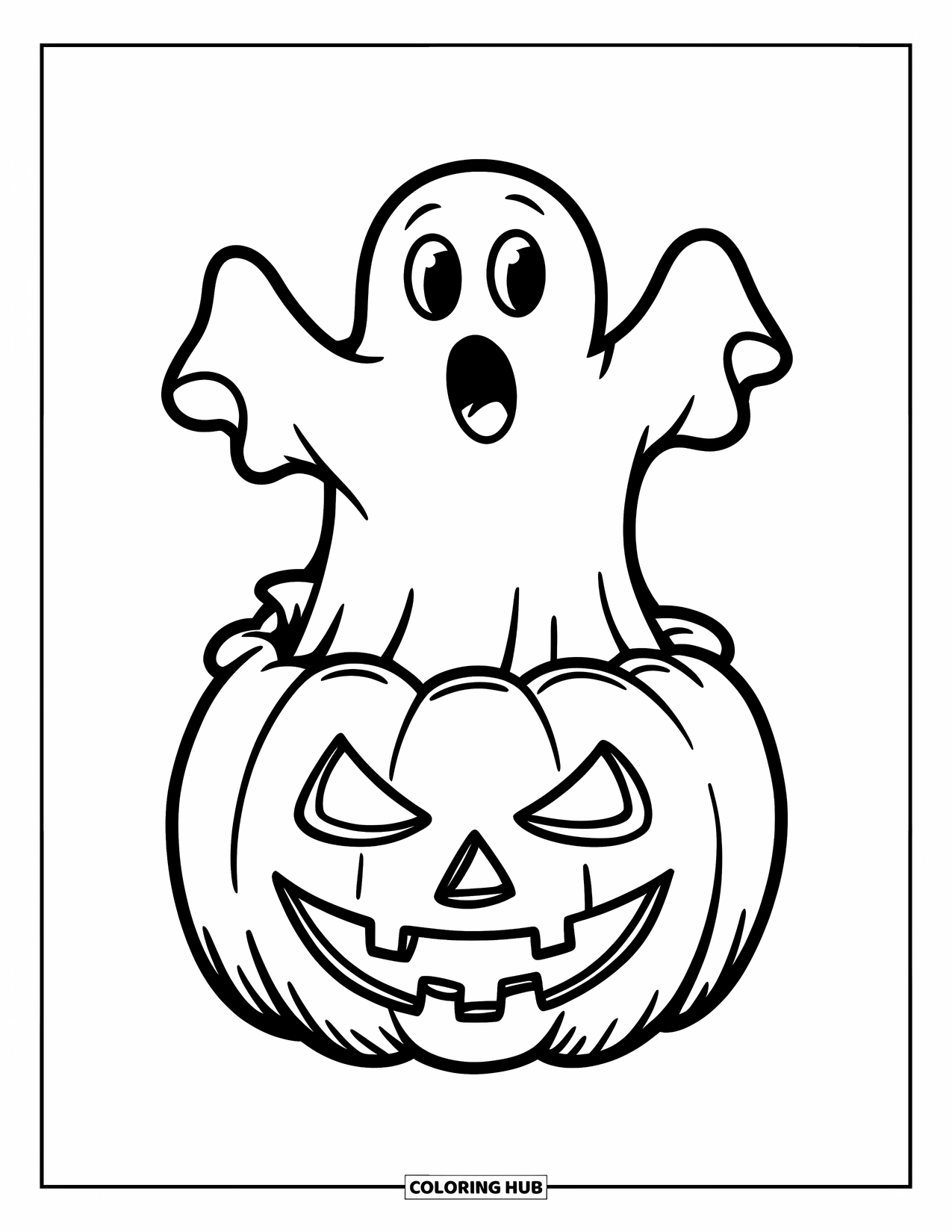 Ghost Coloring Page for Kids: A ghost pops out of a jack-o'-lantern with arms raised in surprise