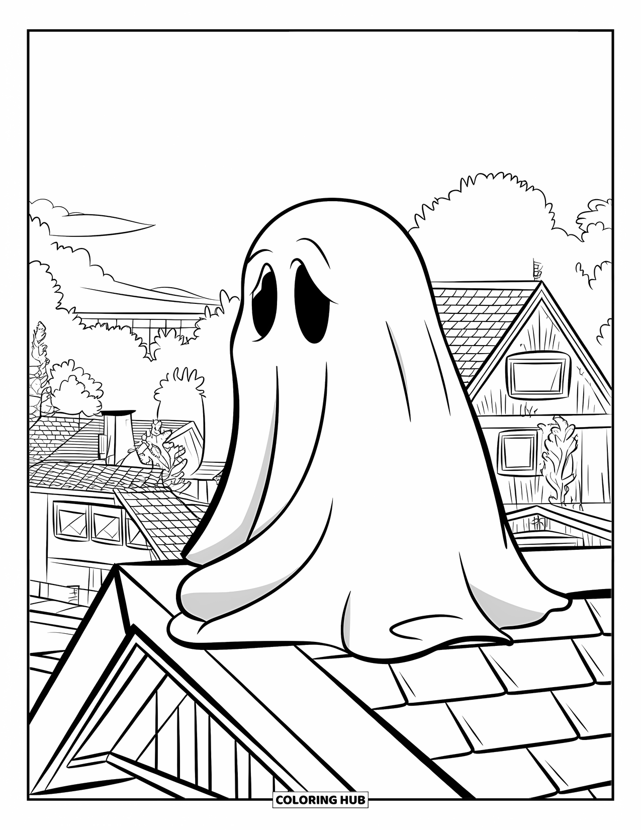 Ghost Coloring Page for Kids: A ghost sits on a rooftop, quietly watching over the town below
