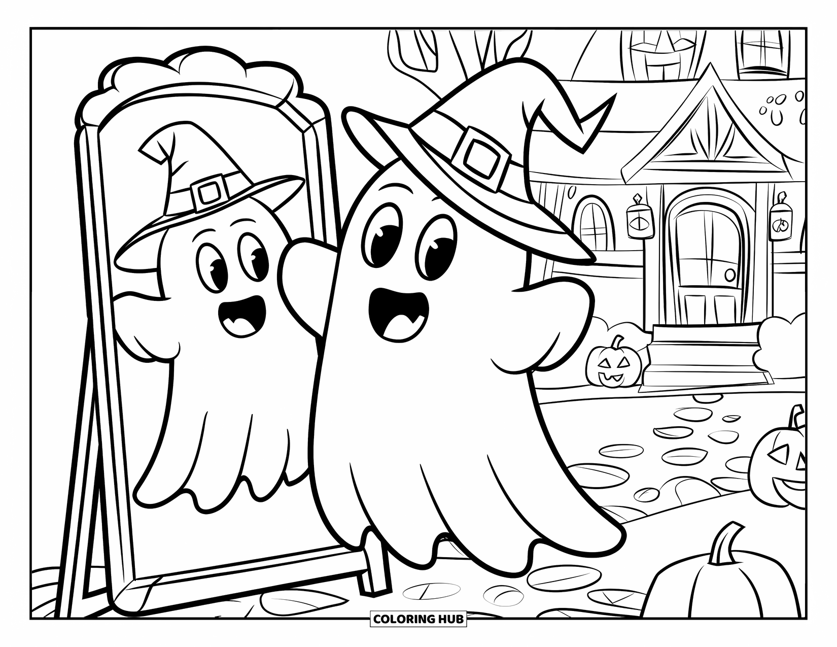 Ghost Coloring Page for Kids: A ghost stands by a mirror choosing between fun Halloween hats near pumpkins
