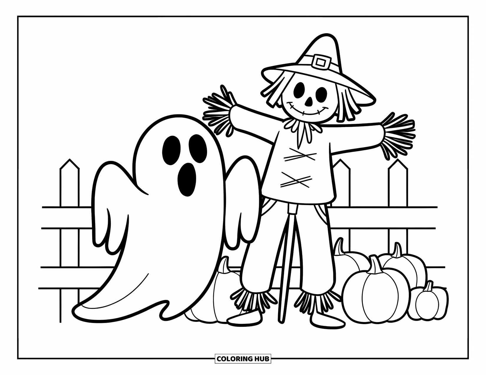 Ghost Coloring Page for Kids: A ghost stands by its scarecrow near a fence in a pumpkin patch