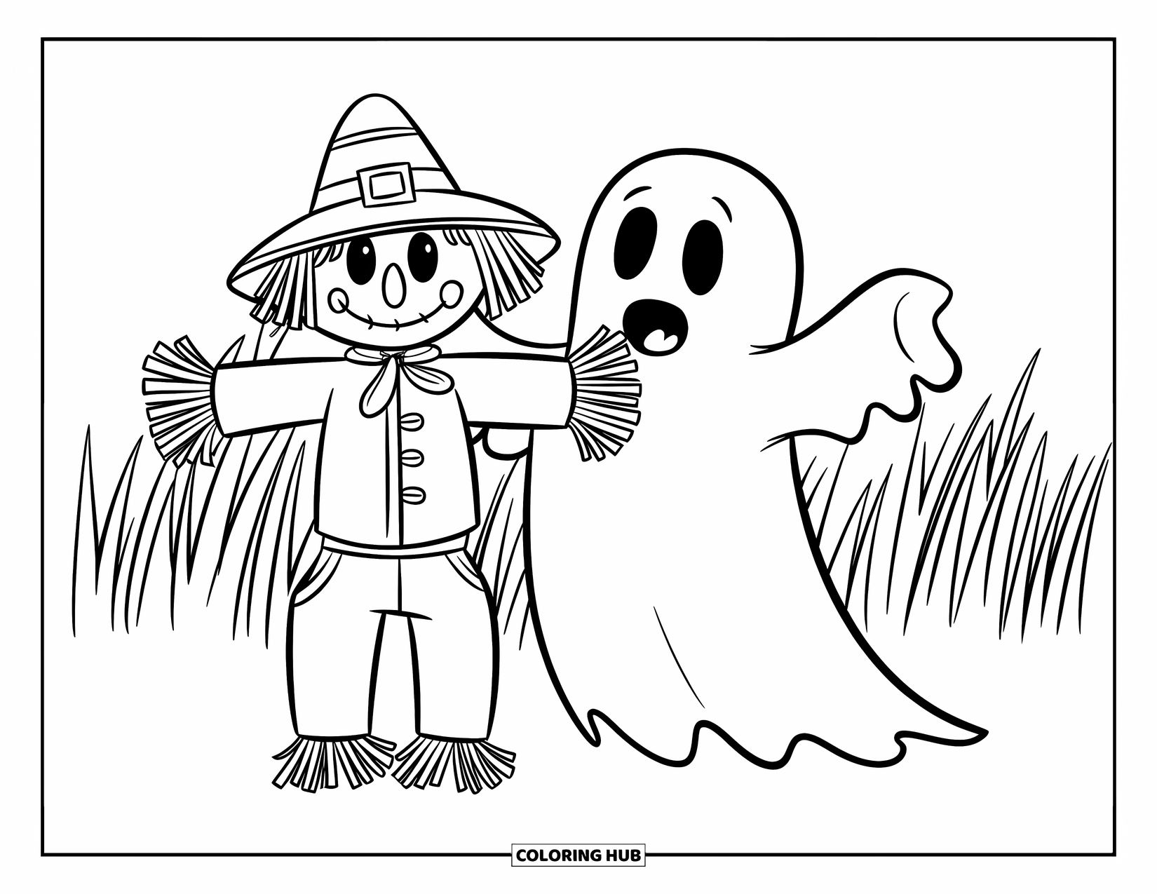 Ghost Coloring Page for Kids: A ghost stands proudly next to a scarecrow in a quiet field