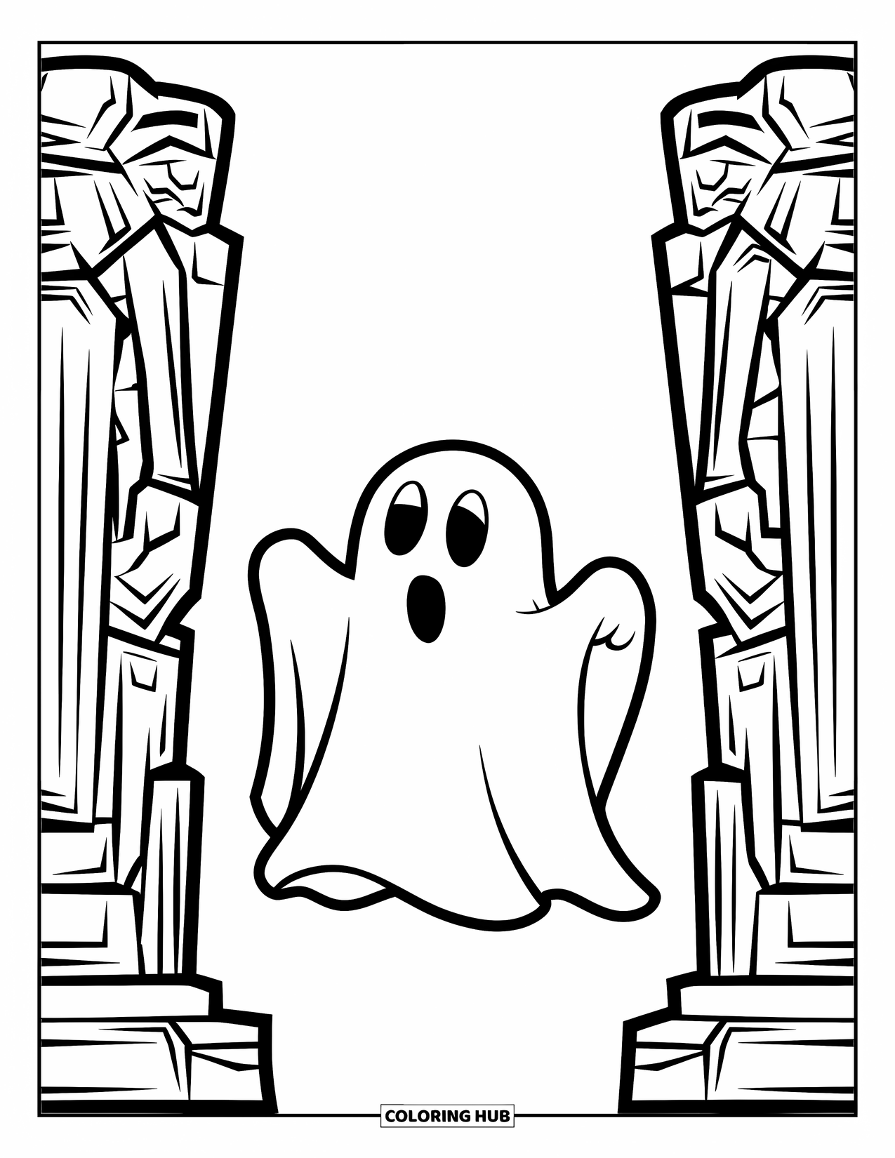 Ghost Coloring Page for Kids: A ghost stands silently between two tall, carved statues