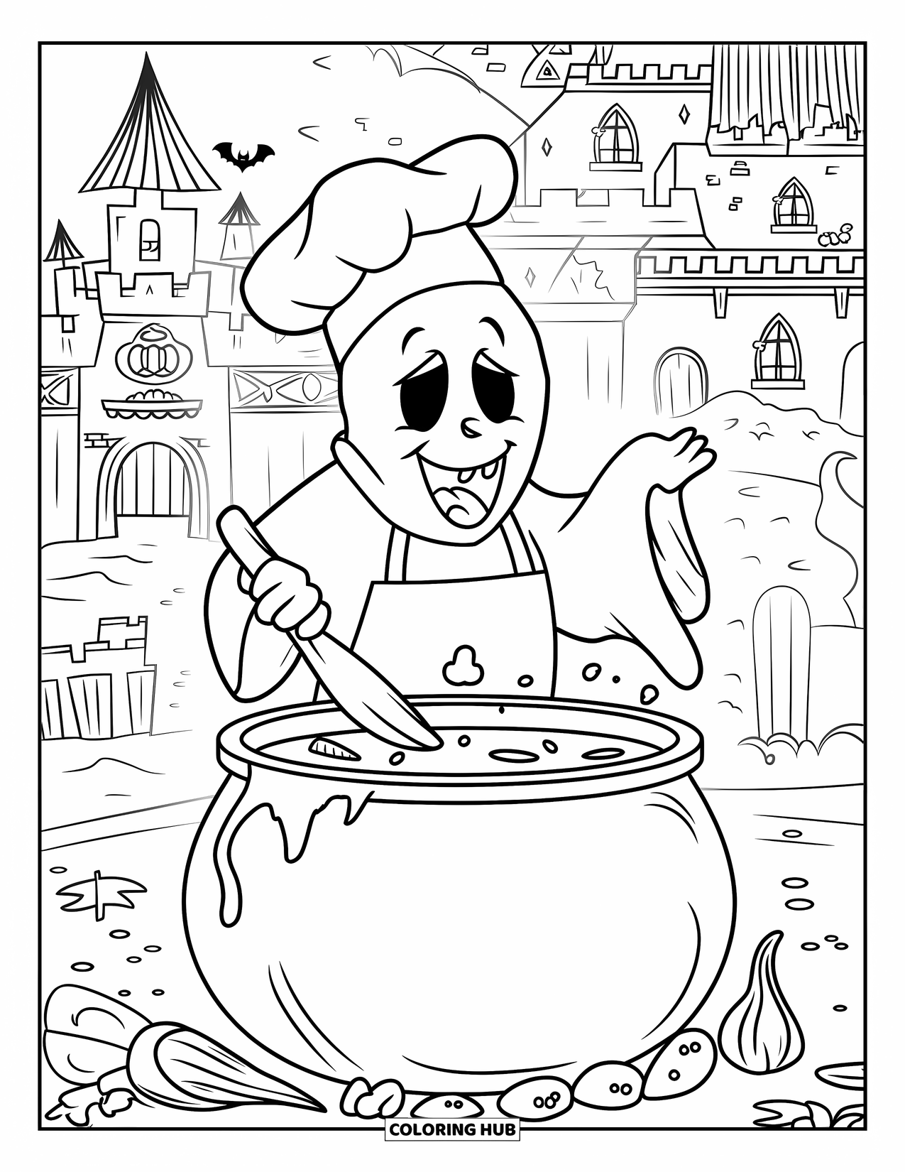 Ghost Coloring Page for Kids: A ghost stirs a bubbling cauldron in front of a haunted castle