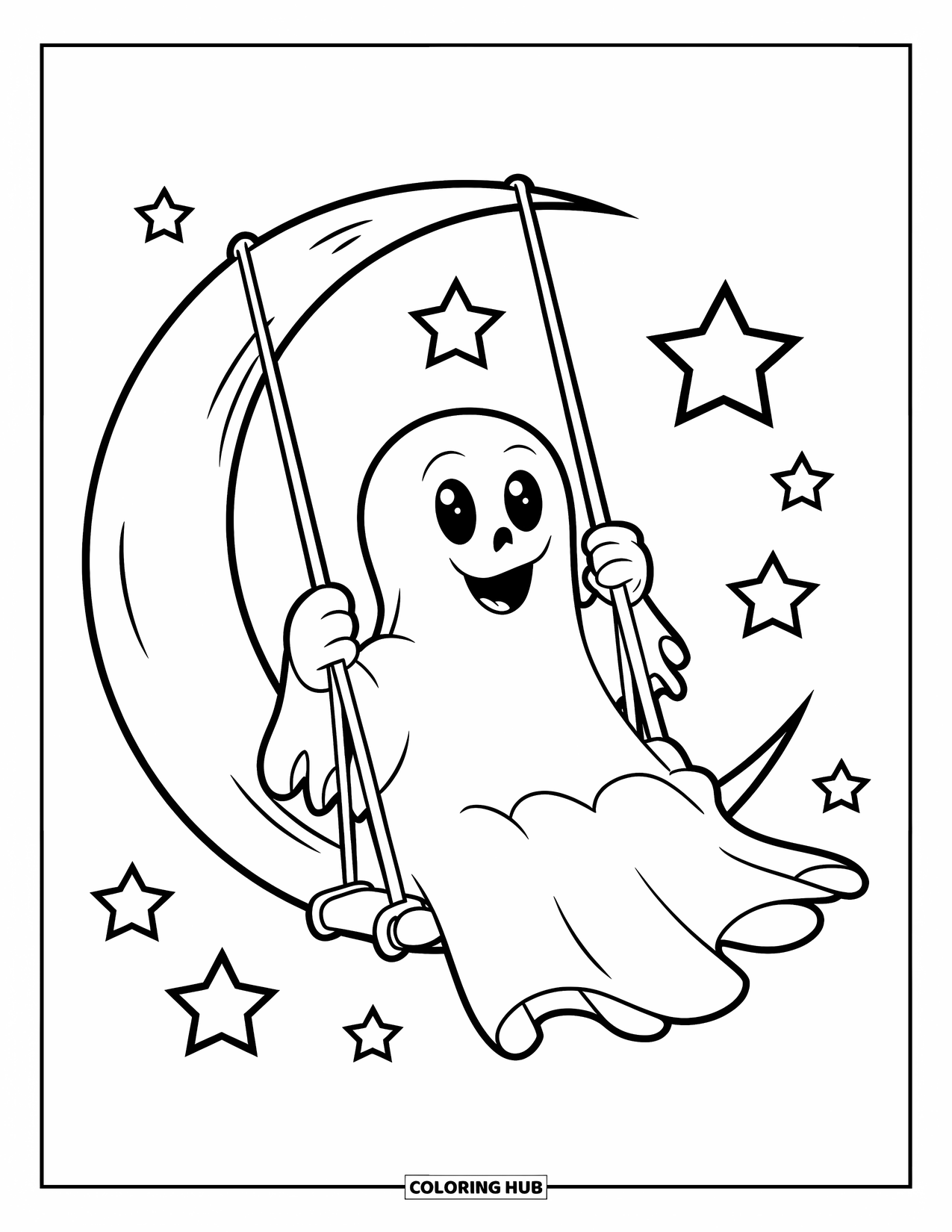 Ghost Coloring Page for Kids: A ghost swings from a crescent moon under a sky full of stars