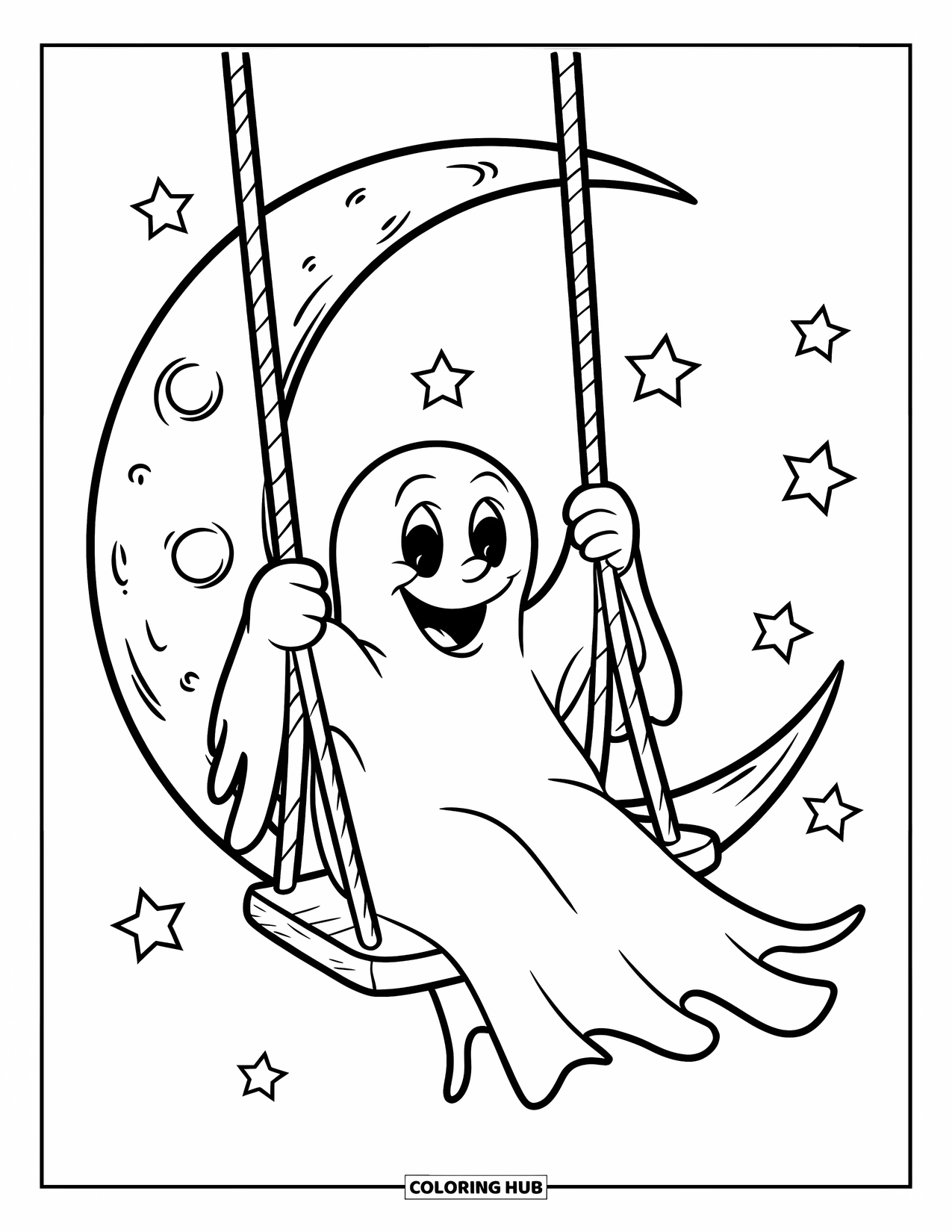 Ghost Coloring Page for Kids: A ghost swings happily from a cratered moon surrounded by twinkling stars