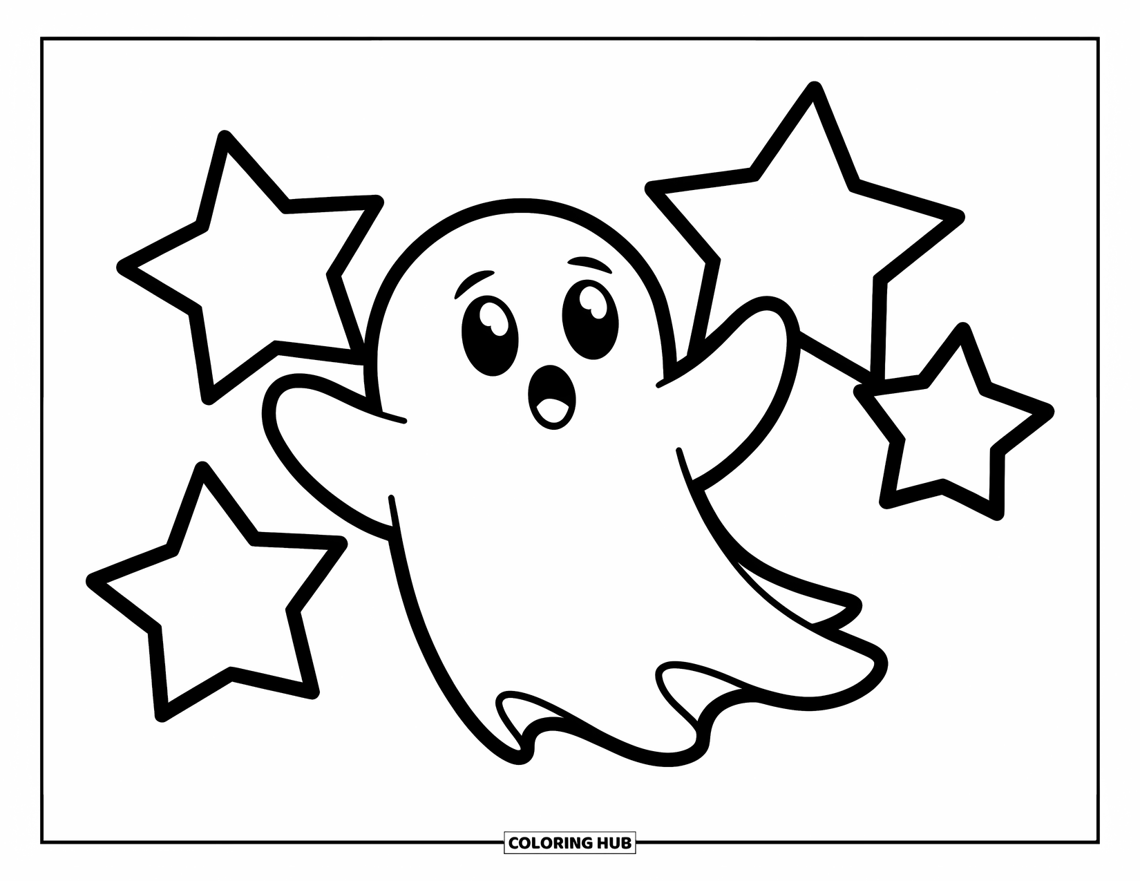 Ghost Coloring Page for Kids: A ghost waves next to three large stars on a clear background