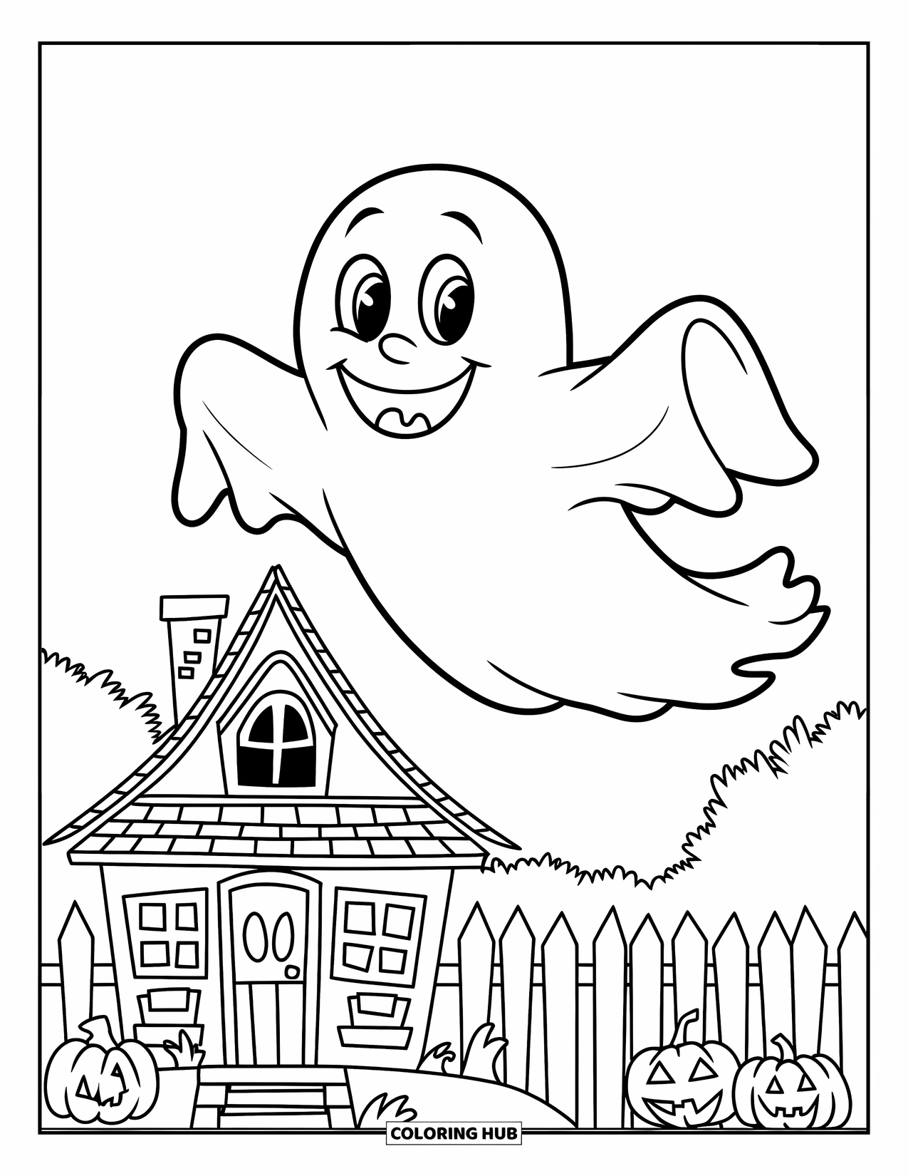 Ghost Coloring Page for Kids: A ghost with a big smile and hat flies over a house with pumpkins and a fence