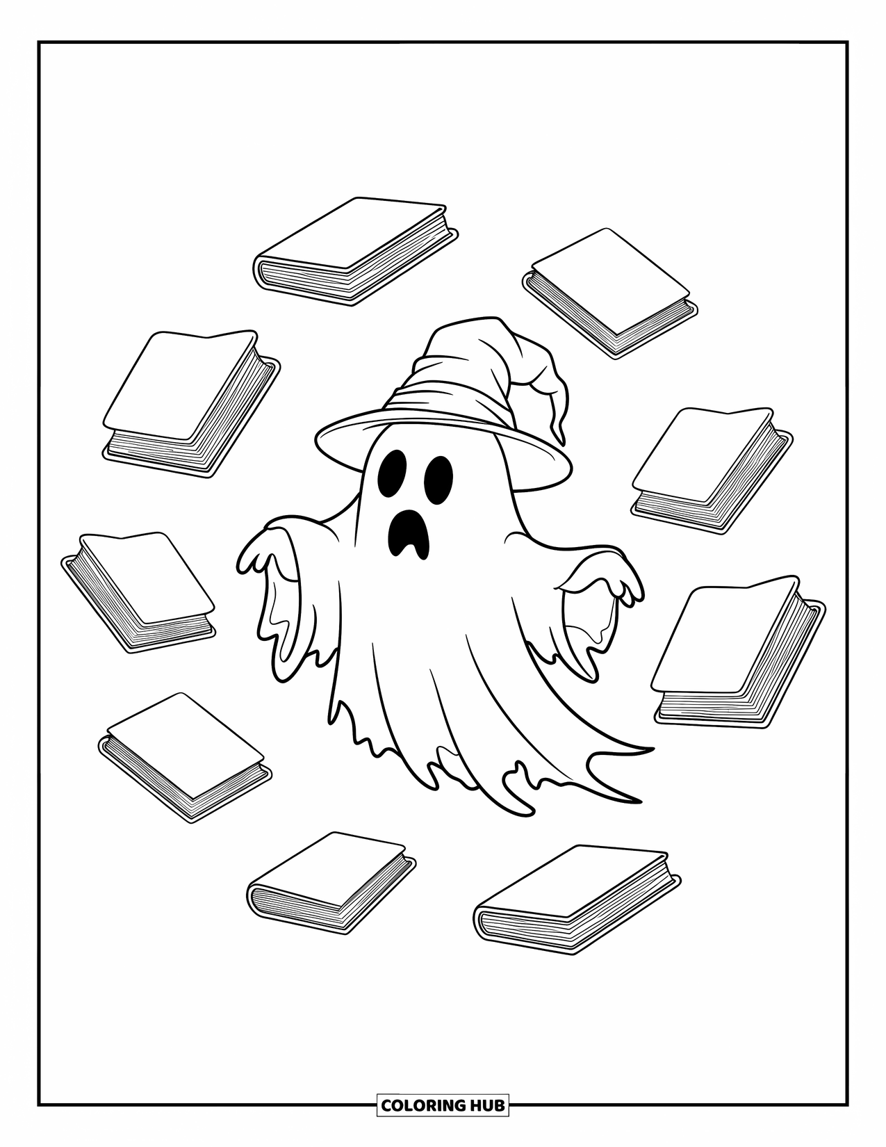 Ghost Coloring Page for Kids: A ghost with a hole in its head floats as books circle around it