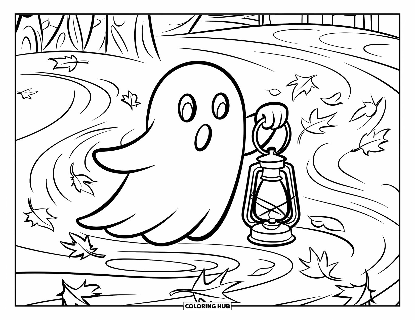 Ghost Coloring Page for Kids: A ghost with a lantern wanders through a breezy fall path near a quiet house